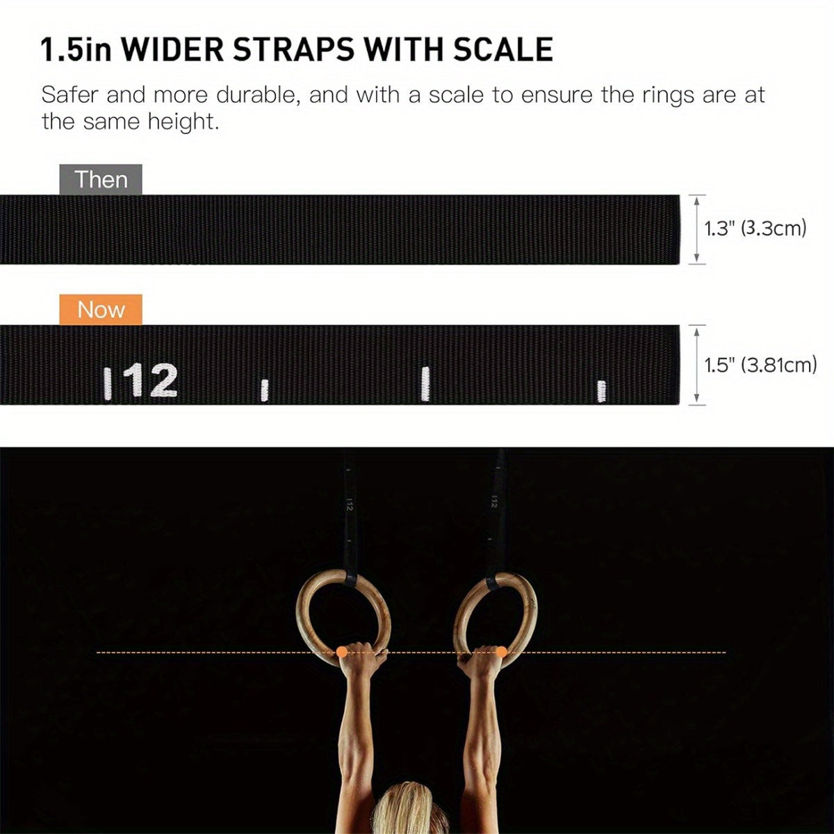 PACEARTH 28mm/32mm Gymnastics Rings Wooden Rings, 1500/1000lbs with Adjustable Cam Buckle 14.76ft Long Straps with Scale, Non-Slip Gym Rings for Workout Bodyweight Fitness Training, Ideal Gift