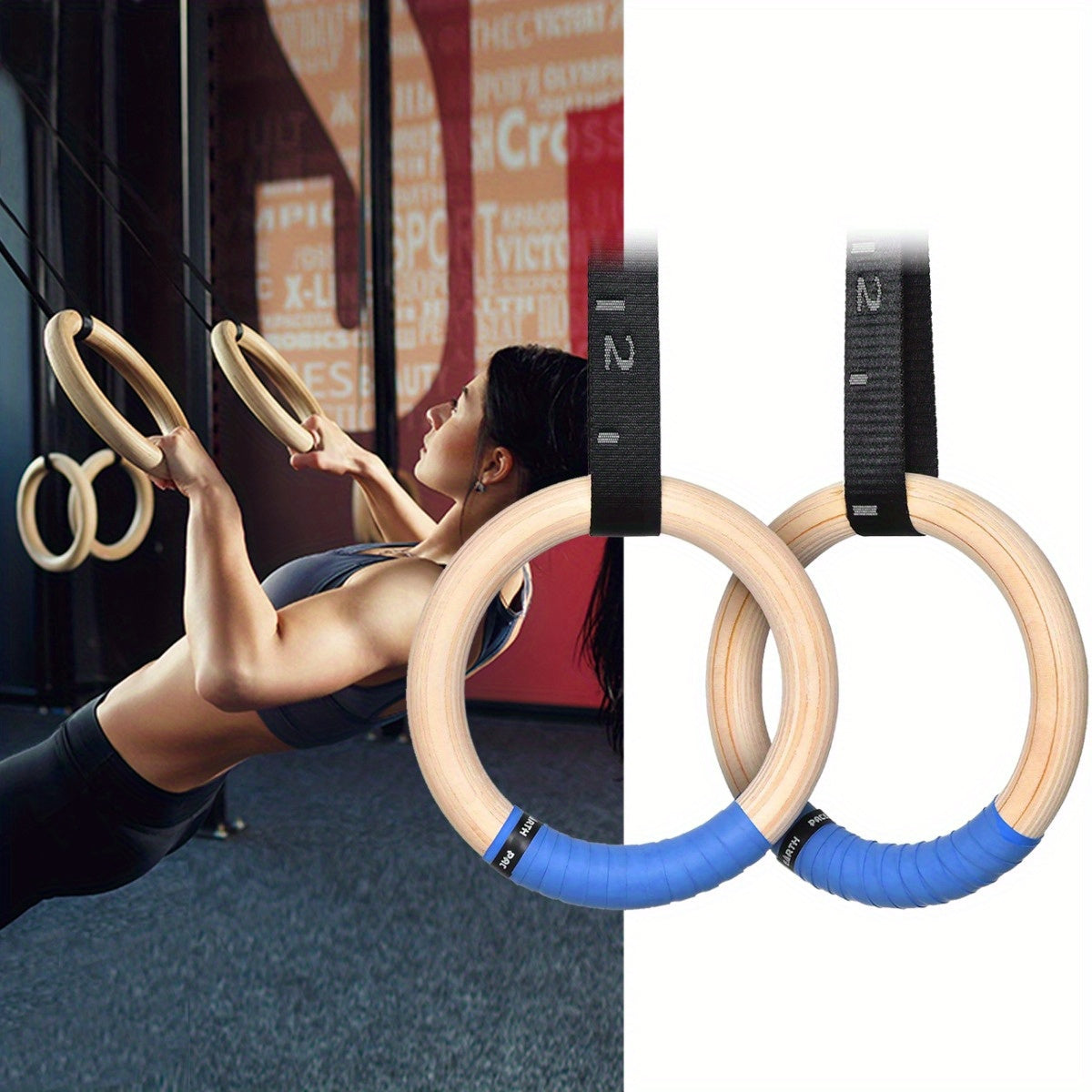 PACEARTH 28mm/32mm Gymnastics Rings Wooden Rings, 1500/1000lbs with Adjustable Cam Buckle 14.76ft Long Straps with Scale, Non-Slip Gym Rings for Workout Bodyweight Fitness Training, Ideal Gift