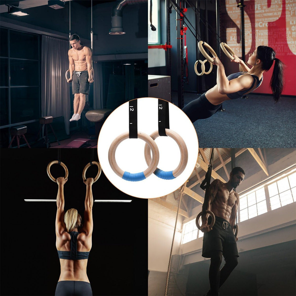 PACEARTH 28mm/32mm Gymnastics Rings Wooden Rings, 1500/1000lbs with Adjustable Cam Buckle 14.76ft Long Straps with Scale, Non-Slip Gym Rings for Workout Bodyweight Fitness Training, Ideal Gift