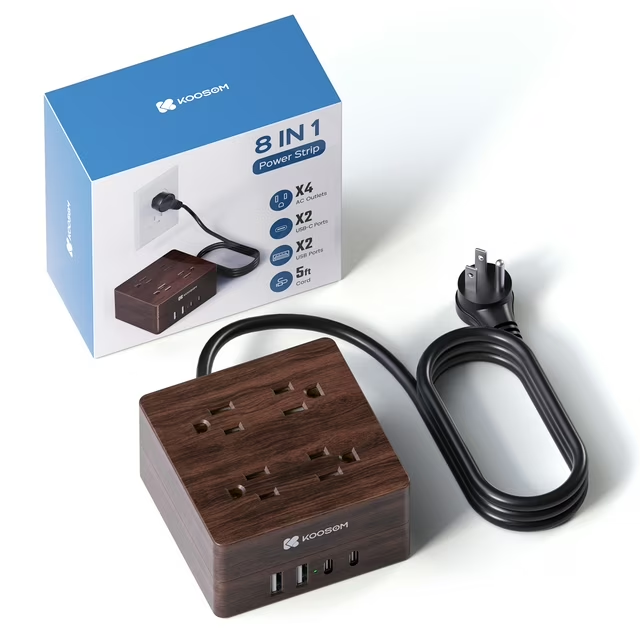 KOOSOM Power Strip Surge Protector - Extension Cord with 4 Widely Spaced Outlets & 4 Smart USB Ports