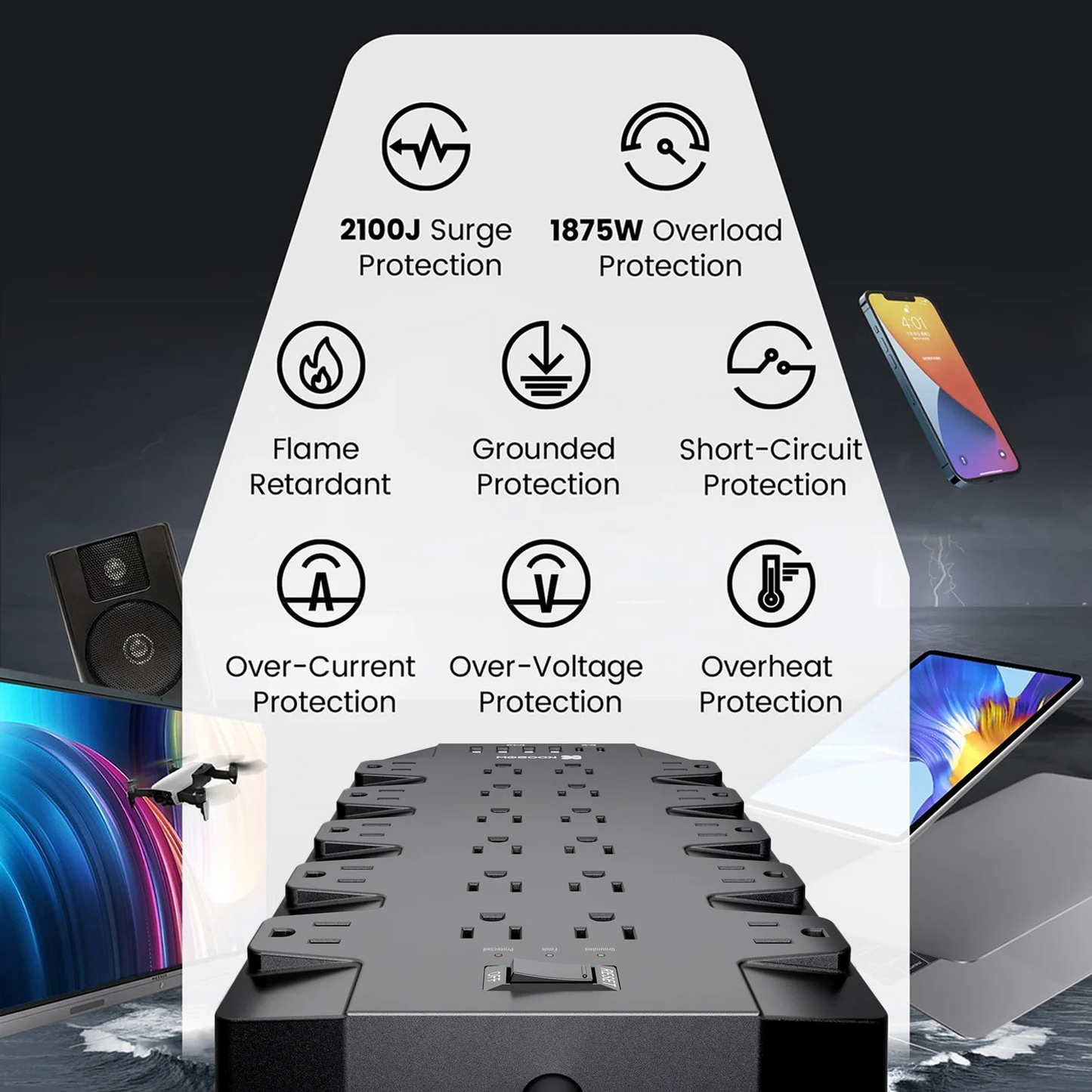 Koosom 22 Outlet Surge Protector Power Strip, 6 USB Ports, 6.6ft Extension Cord