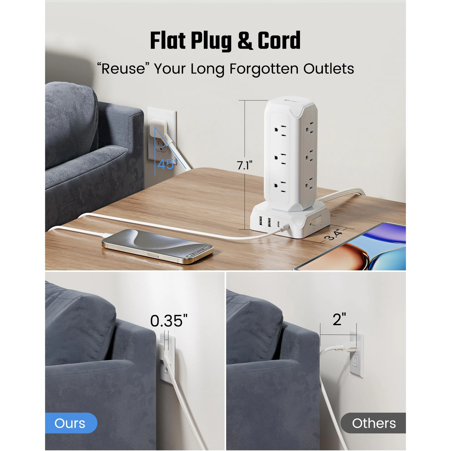 Koosom 35W Power Strip Tower,15FT Long Extension Cord,16-Outlet USB C Surge Protector, 12 AC Outlet,2 USB C and 2 USB A Ports Charging Staion