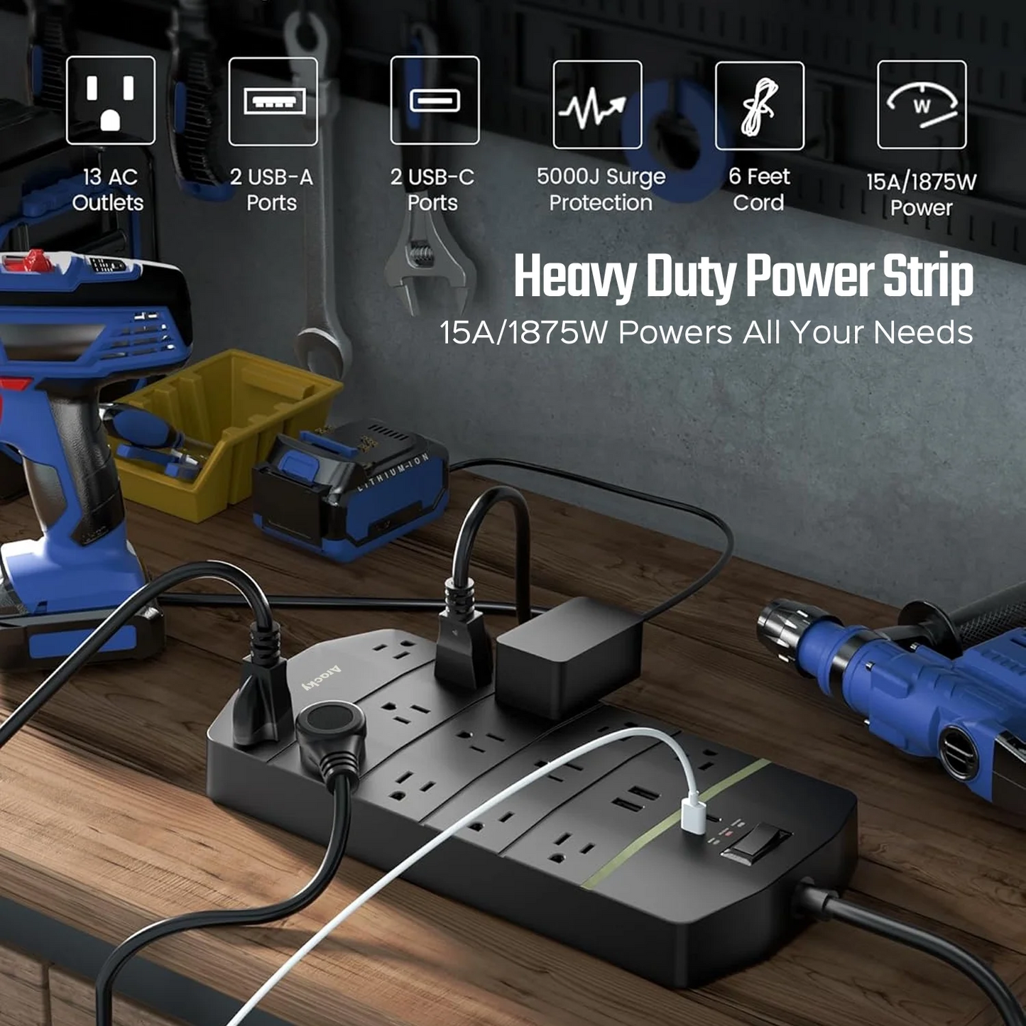 KOOSOM Power Strip,5000 Joules Surge Protector with 13 AC Outlets 2 USB-A & 2 USB-C PD 20W Fast Charging