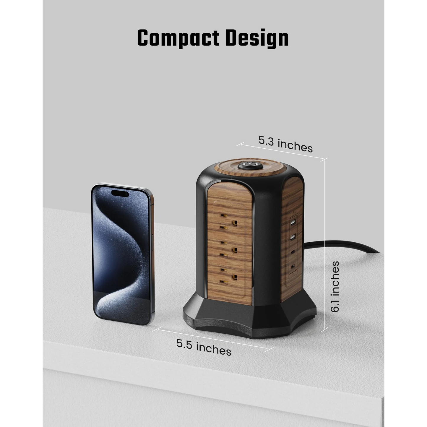 Koosom Power Strip Tower Surge Protector, 10.2 Ft Extension Cord with Multiple Outlets, 9 Outlets, 4 USB Ports (2 USB C), 1080 Joules, 3-Prong, Grounded, Charging Station for Home, Office, Brown