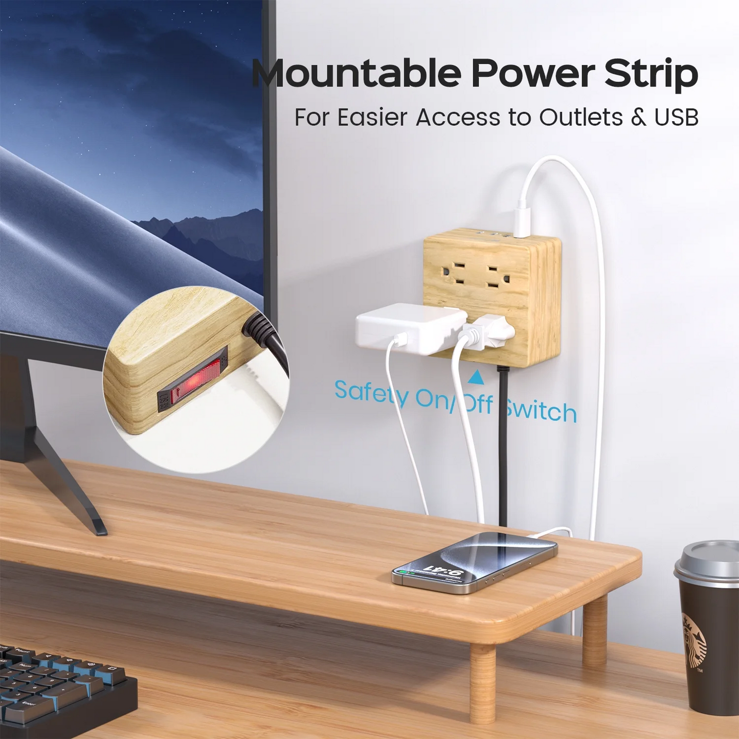 KOOSOM Power Strip Surge Protector - Extension Cord with 4 Widely Spaced Outlets & 4 Smart USB Ports
