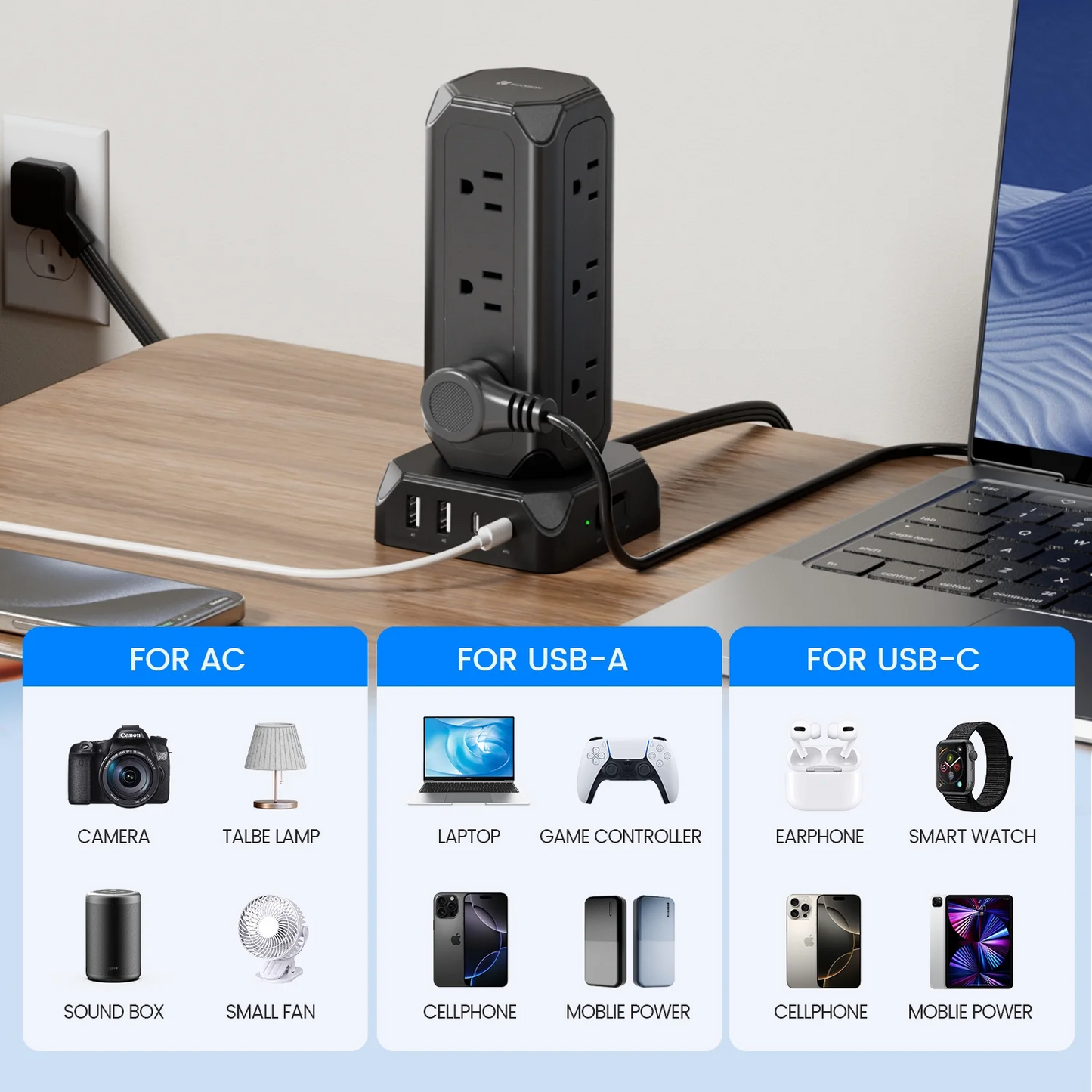 Koosom 35W Surge Protector Strip Tower, 12 AC Outlet Surge Protector, 4 USB Charging Station with 6.5ft Extension Cord, Black