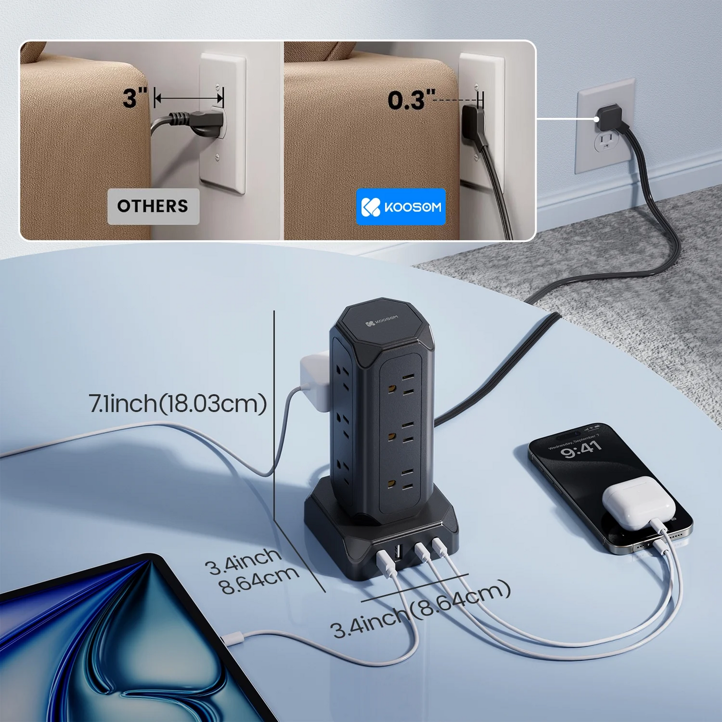 Koosom 35W Surge Protector Strip Tower, 12 AC Outlet Surge Protector, 4 USB Charging Station with 6.5ft Extension Cord, Black