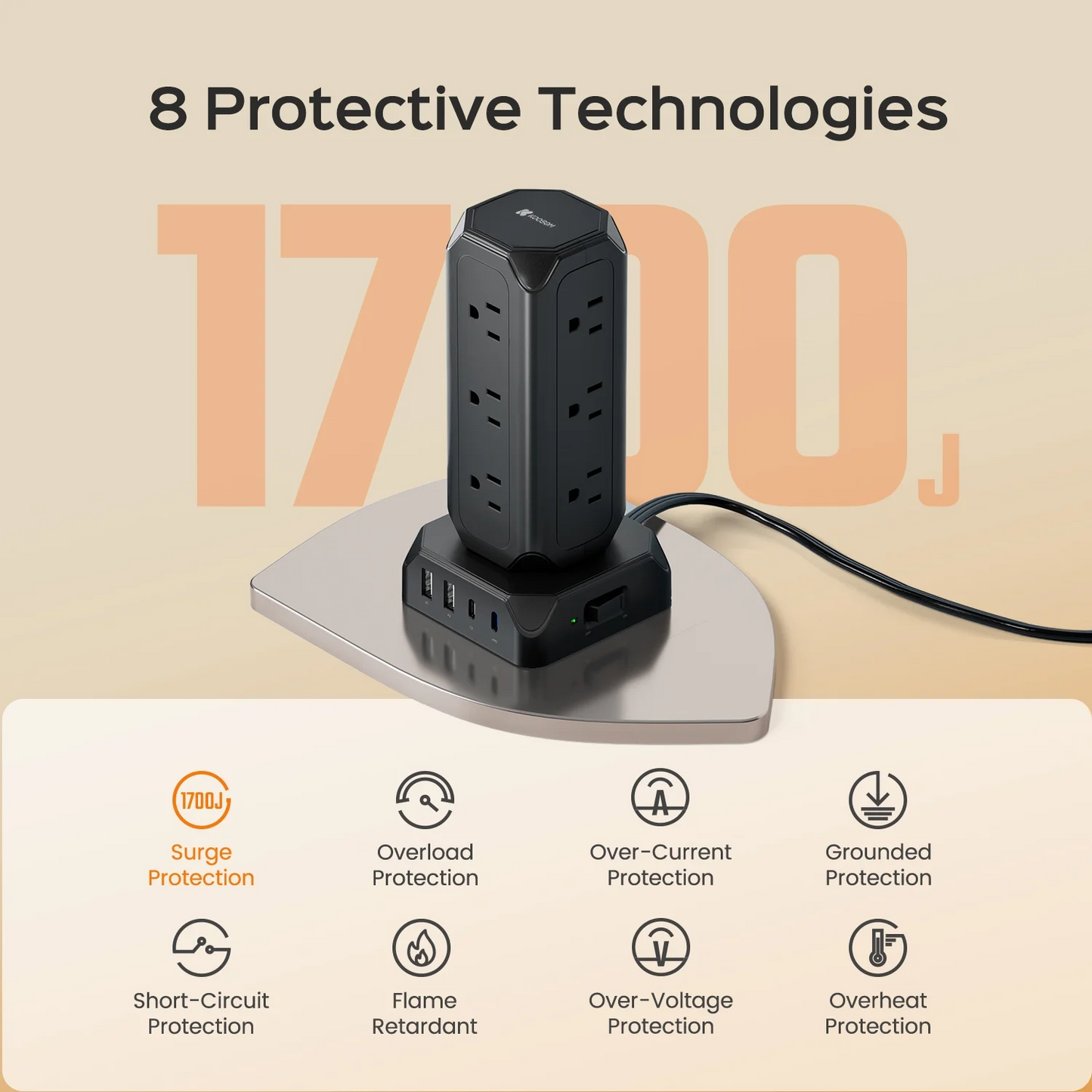 Koosom 35W Surge Protector Strip Tower, 12 AC Outlet Surge Protector, 4 USB Charging Station with 6.5ft Extension Cord, Black