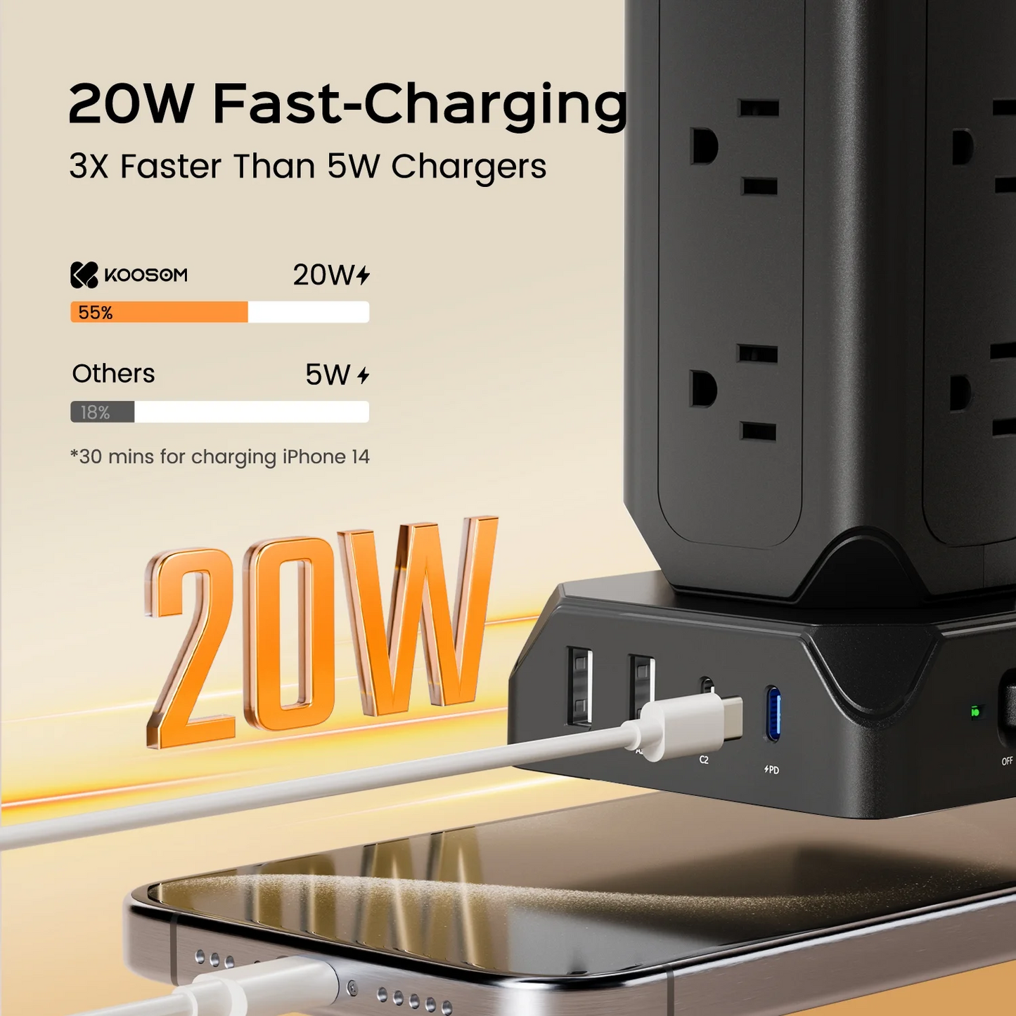 Koosom 35W Surge Protector Strip Tower, 12 AC Outlet Surge Protector, 4 USB Charging Station with 6.5ft Extension Cord, Black
