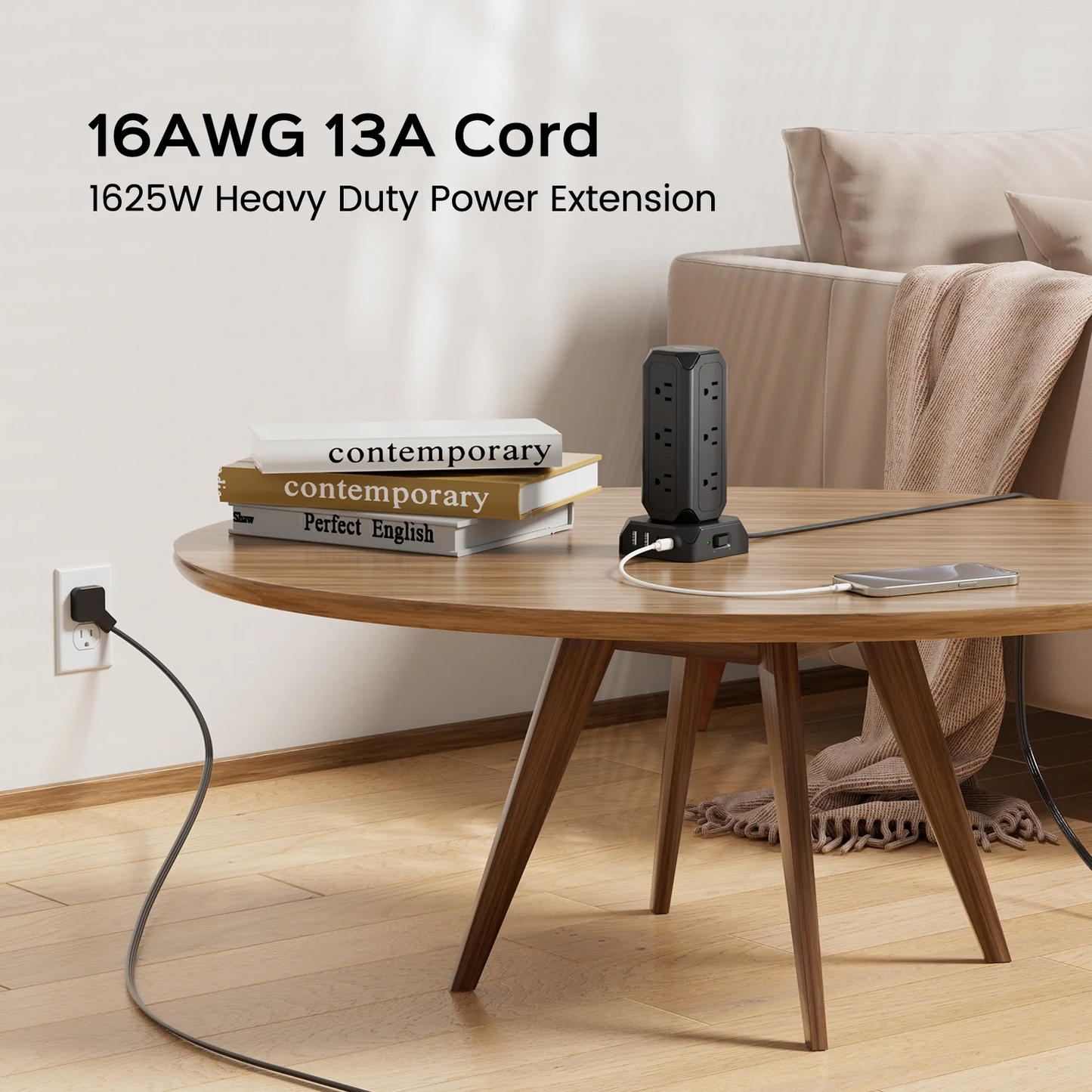 Koosom 35W Surge Protector Strip Tower, 12 AC Outlet Surge Protector, 4 USB Charging Station with 6.5ft Extension Cord, Black