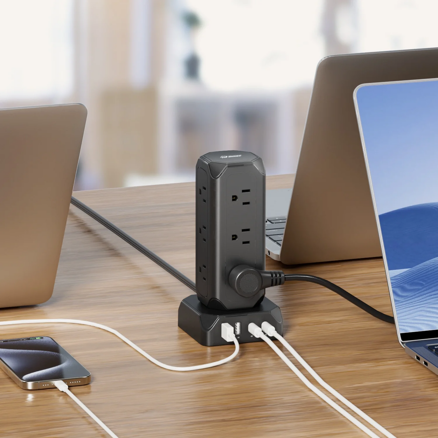Koosom 35W Surge Protector Strip Tower, 12 AC Outlet Surge Protector, 4 USB Charging Station with 6.5ft Extension Cord, Black