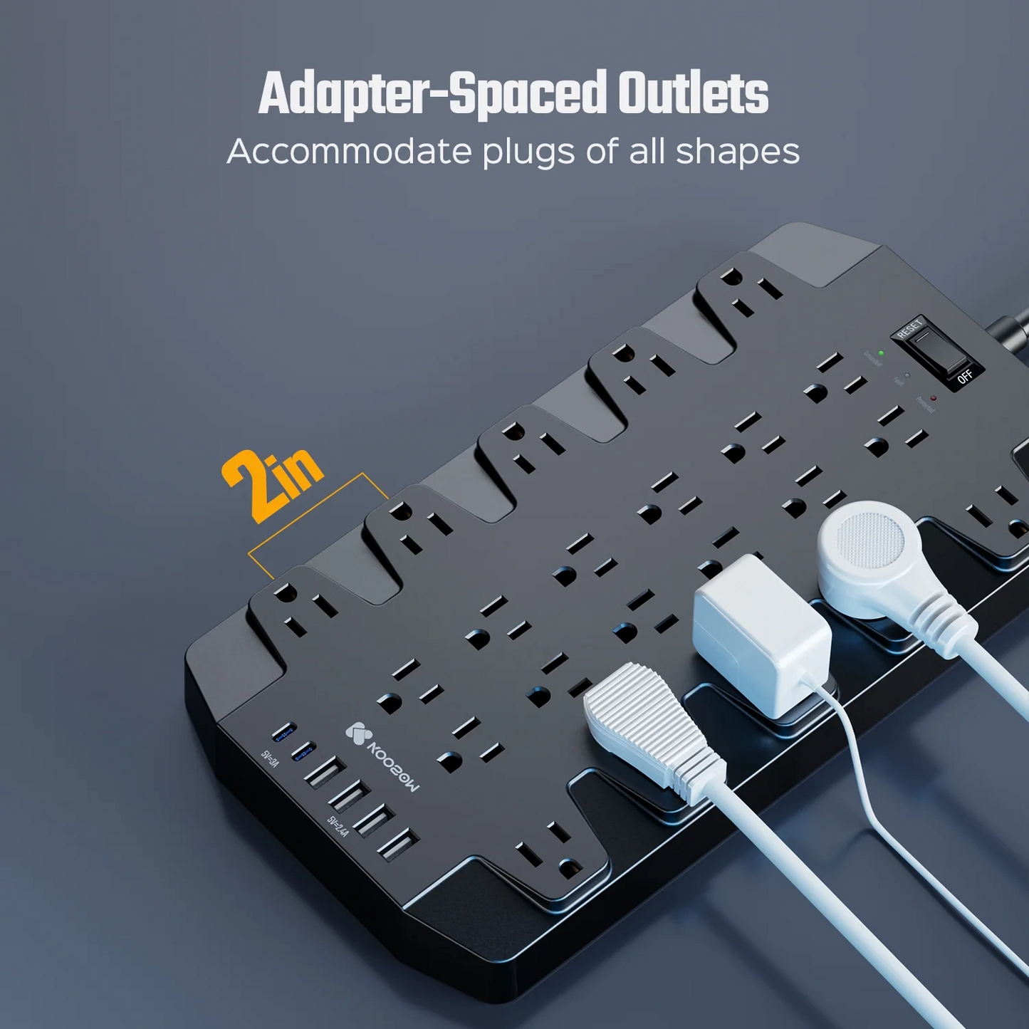 Koosom 22 Outlet Surge Protector Power Strip, 6 USB Ports, 6.6ft Extension Cord