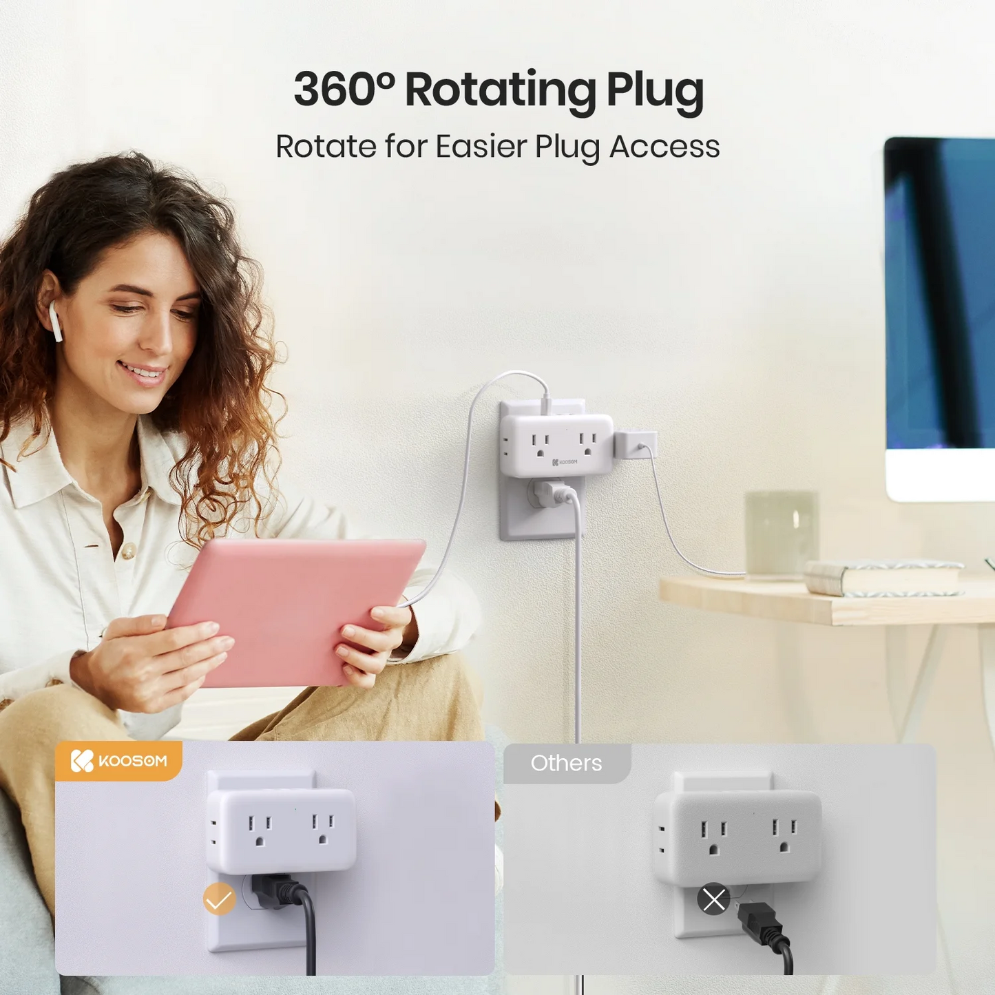Koosom Multi Plug Outlet Extender with USB - Outlet Splitter, 4 AC 3 USB Ports (1 Type-C) Wall Charger with Rotating Plug