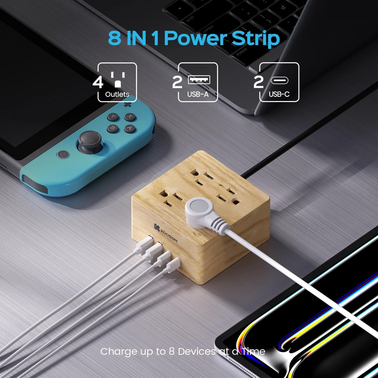 KOOSOM Power Strip Surge Protector - Extension Cord with 4 Widely Spaced Outlets & 4 Smart USB Ports