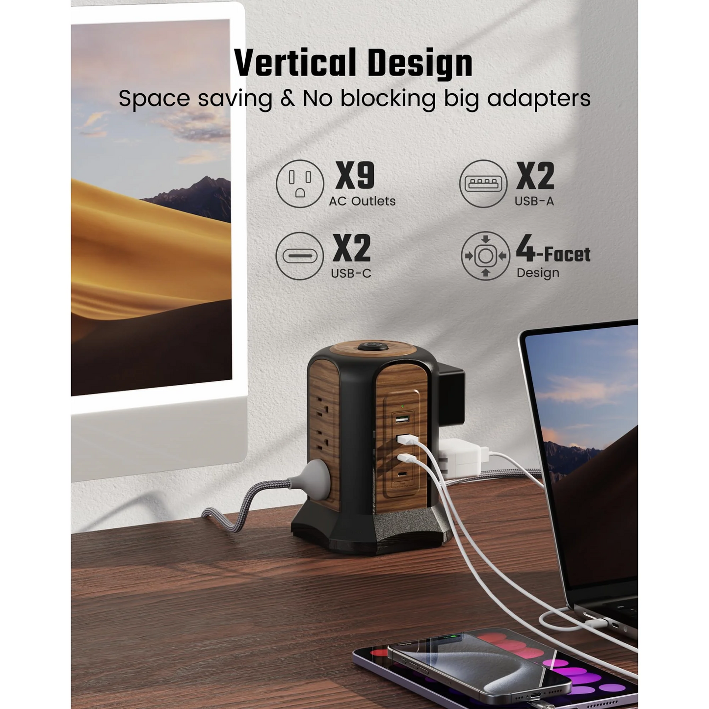 Koosom Power Strip Tower Surge Protector, 10.2 Ft Extension Cord with Multiple Outlets, 9 Outlets, 4 USB Ports (2 USB C), 1080 Joules, 3-Prong, Grounded, Charging Station for Home, Office, Brown