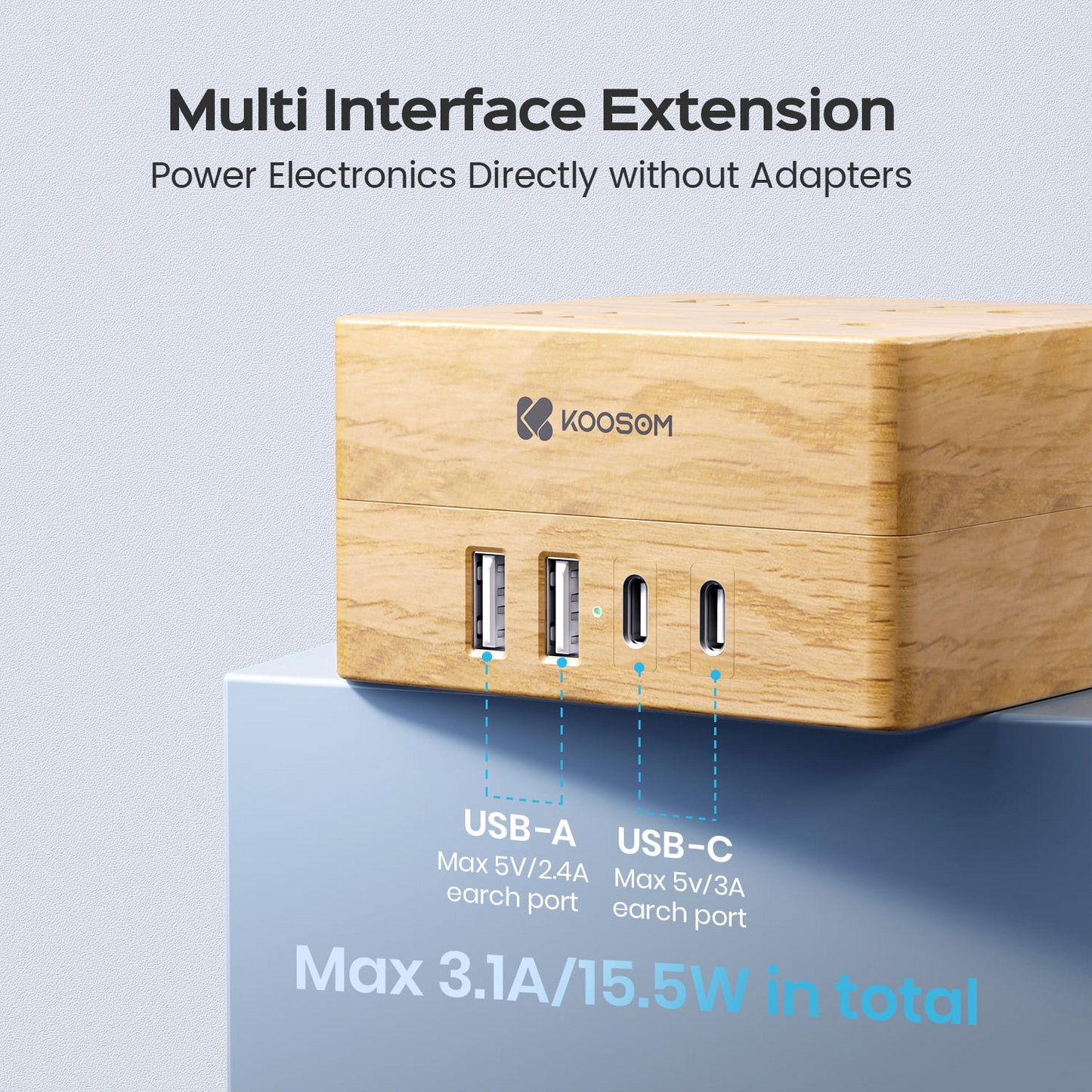 KOOSOM Power Strip Surge Protector - Extension Cord with 4 Widely Spaced Outlets & 4 Smart USB Ports