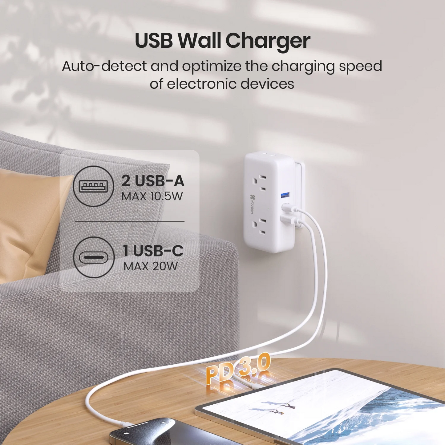 Koosom Multi Plug Outlet Extender with USB - Outlet Splitter, 4 AC 3 USB Ports (1 Type-C) Wall Charger with Rotating Plug