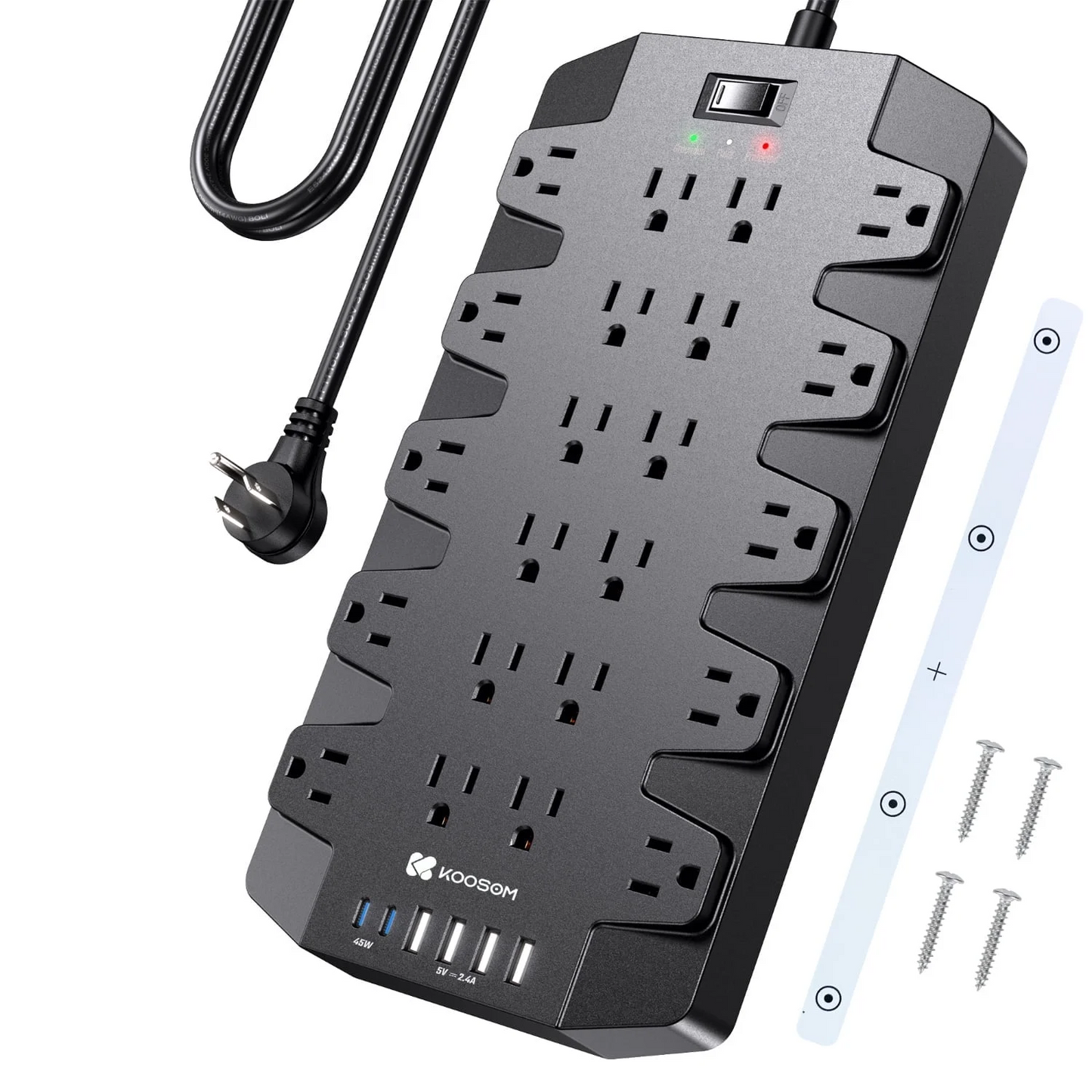 Koosom 22 Outlet Surge Protector Power Strip, 6 USB Ports, 6.6ft Extension Cord