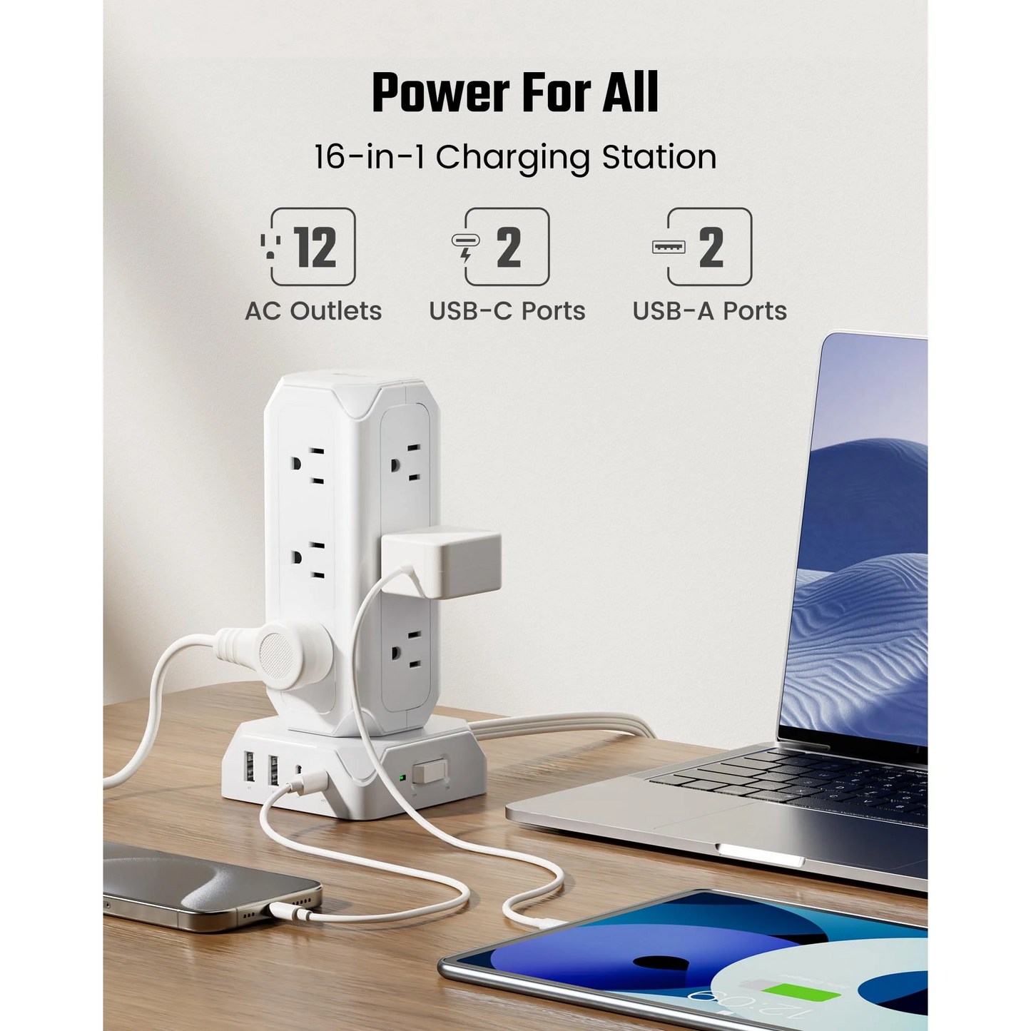 Koosom 35W Power Strip Tower,15FT Long Extension Cord,16-Outlet USB C Surge Protector, 12 AC Outlet,2 USB C and 2 USB A Ports Charging Staion