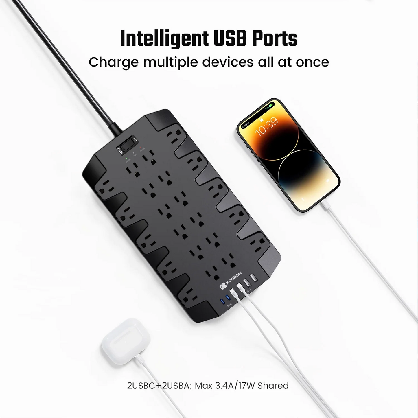 Koosom 22 Outlet Surge Protector Power Strip, 6 USB Ports, 6.6ft Extension Cord