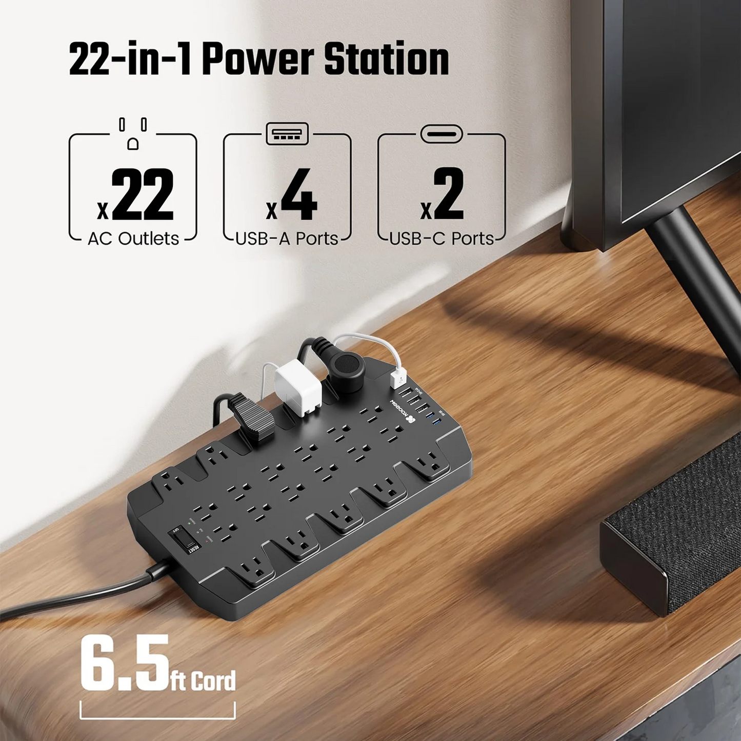 Koosom 22 Outlet Surge Protector Power Strip, 6 USB Ports, 6.6ft Extension Cord