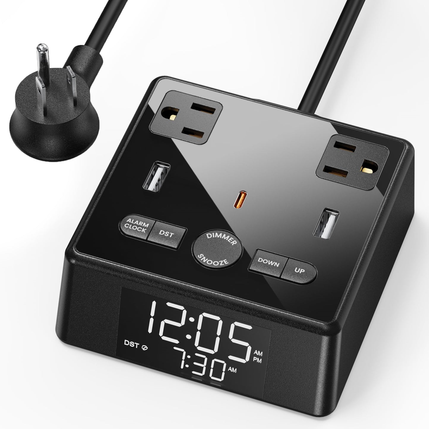Koosom Digital Alarm Clock with 3 USB Charger, Desk Charging Station 2 AC Outlets, 6.5ft Cord, Power Strip Surge Protector 1700J, LCD Display, Easy Alarm Setting for Bedroom Dorm Room Hotel, Black