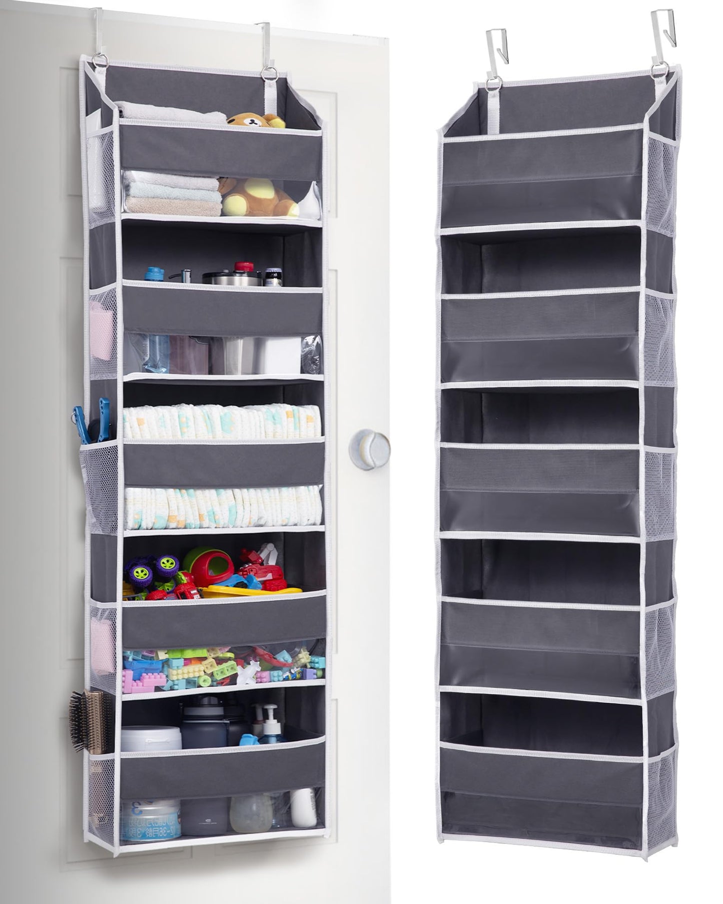 Koosom 1 Pack Over Door Organizer with 5 Large Pockets 10 Mesh Side Pockets, 44 lbs Weight Capacity Hanging Storage Organizer with Clear Window Kids Toys, Shoes, Diapers, Dark Grey, 5 Layers