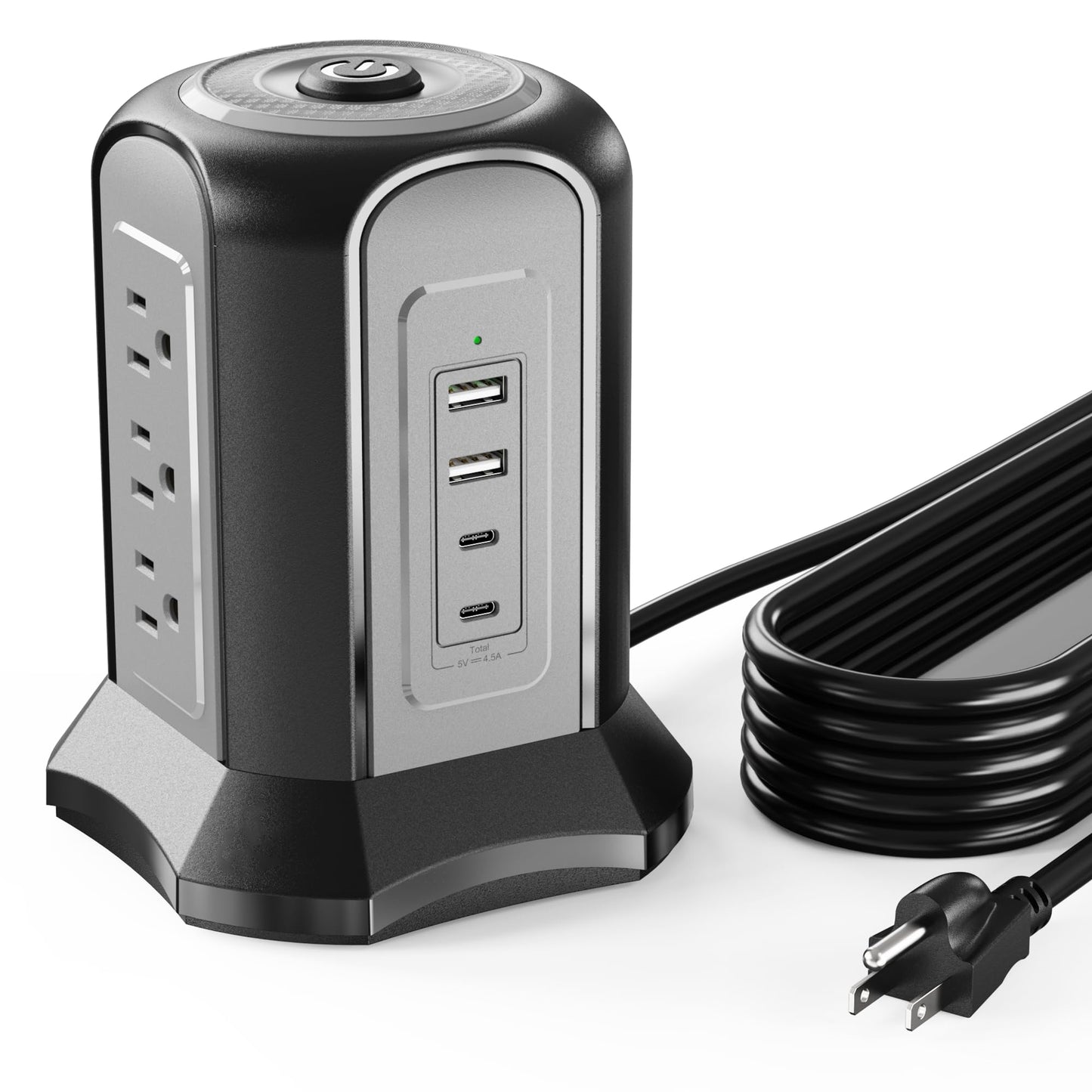 Koosom Power Strip Tower Surge Protector, Desktop Charging Station, 10 Ft Extension Cord, 9 Outlets, 4 USB Ports, 1080 Joules, 3-Prong, Grounded, Multiple Protections for Home, Office, Black