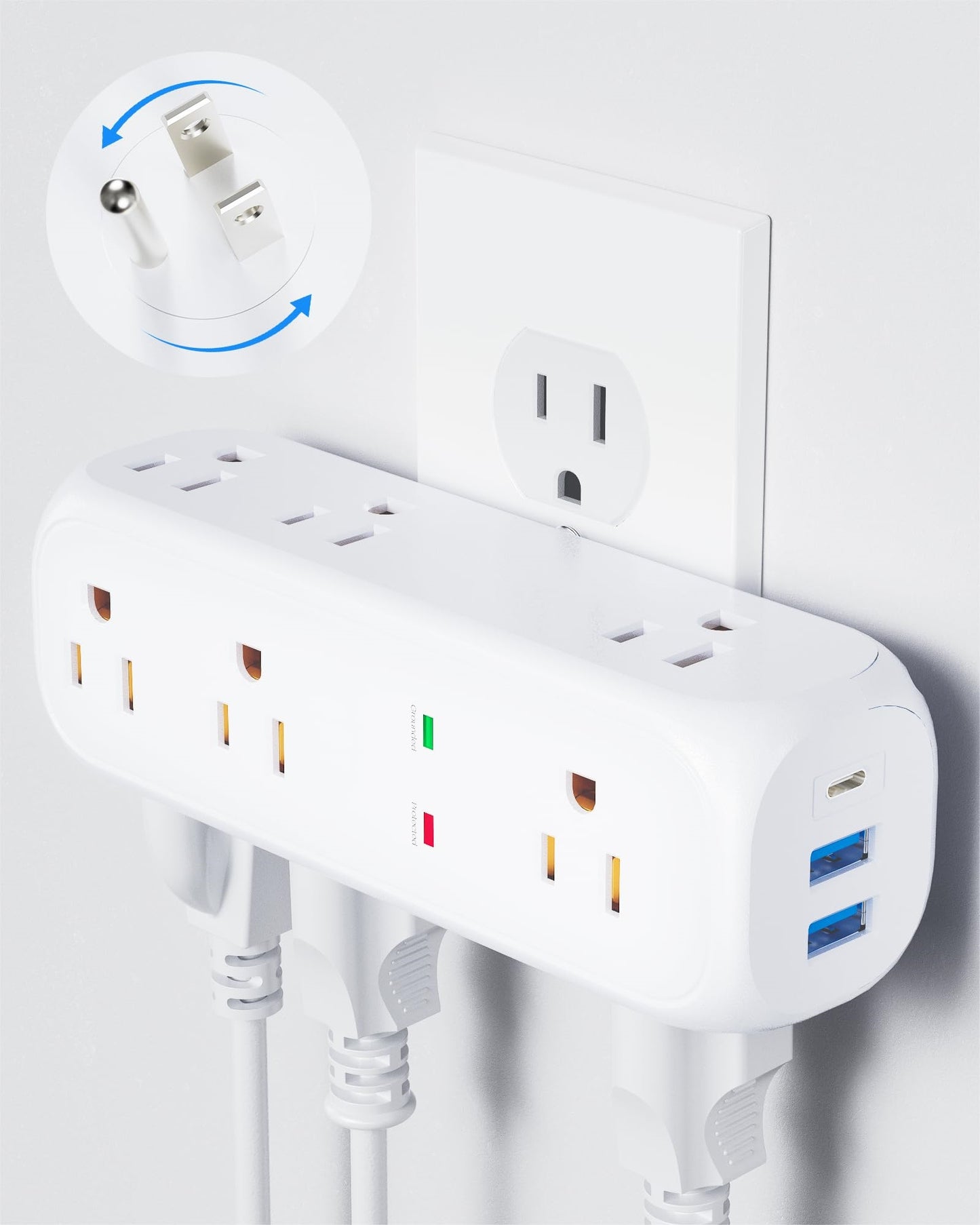 Koosom Multi Plug Outlet Extender, 9 AC Outlets, 3 USB Wall Charger(1 USB C) 360° Rotating Plug Outlet Splitter Surge Protector, 4-Sided Swivel Wall Plug Extender for Home, Office, Travel,White