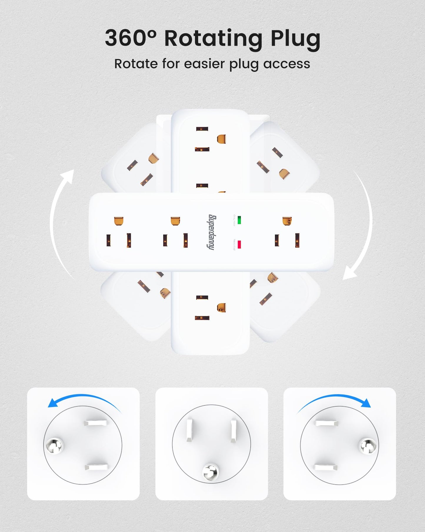 Koosom Multi Plug Outlet Extender, 9 AC Outlets, 3 USB Wall Charger(1 USB C) 360° Rotating Plug Outlet Splitter Surge Protector, 4-Sided Swivel Wall Plug Extender for Home, Office, Travel,White