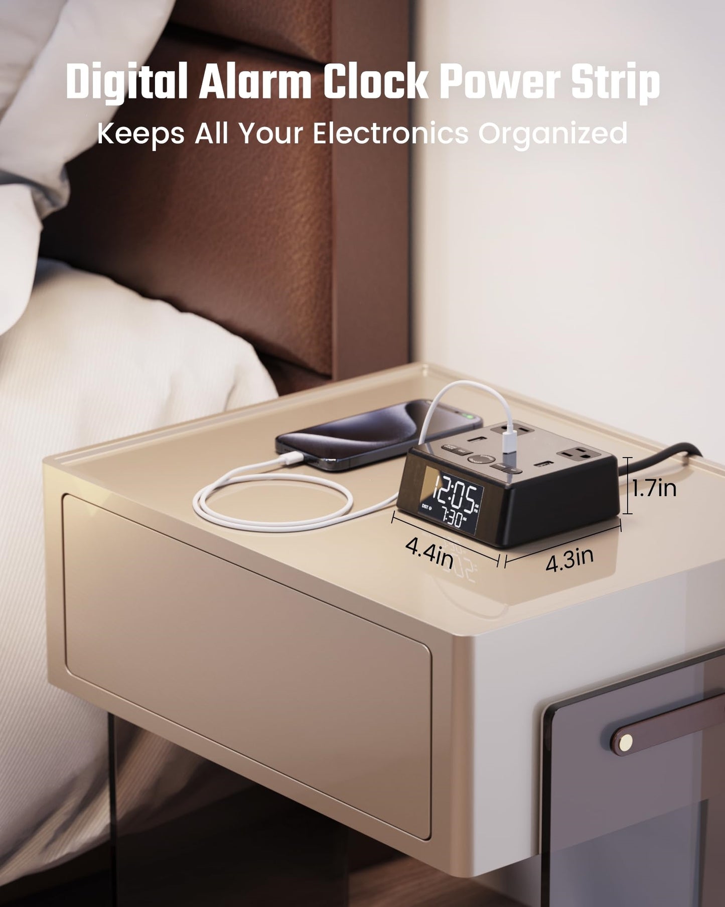 Koosom Digital Alarm Clock with 3 USB Charger, Desk Charging Station 2 AC Outlets, 6.5ft Cord, Power Strip Surge Protector 1700J, LCD Display, Easy Alarm Setting for Bedroom Dorm Room Hotel, Black