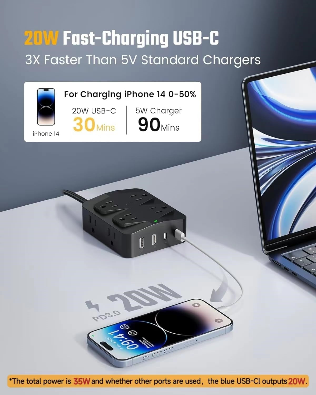 Koosom 35W Fast Charging Power Strip, 6ft Flat Plug Extension Cord (13A/1625W) with 8 Wide Outlets & 4 USB Ports, Wall Mountable, 1050J Surge Protector Charging Station for Home Office Dorm