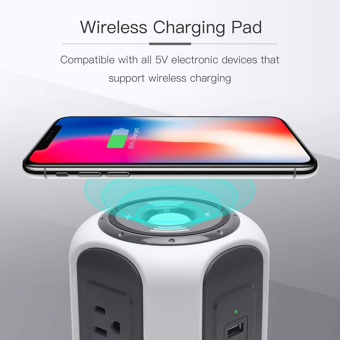 Koosom 10ft Power Strip Tower Wireless Charger Surge Protector Extension Cord 10A 9-Outlet 4.5A 4 USB Electrical Charging Station Universal Socket for Laptop Phone White and Gray