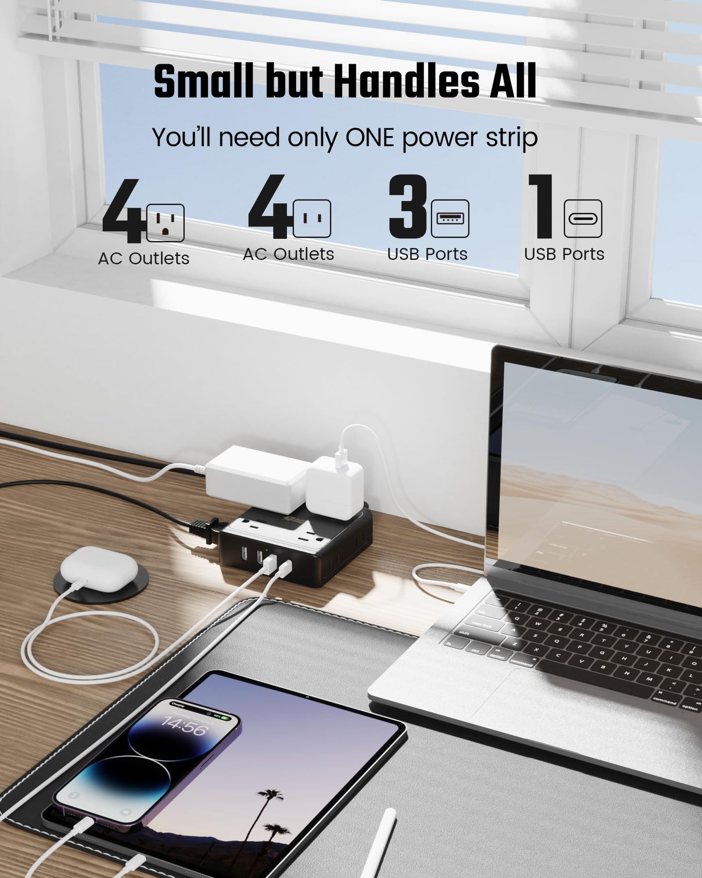 Koosom Power Strip with USB Ports, 8 Widely Spaced AC Outlets & 3 USB-A & 1 USB-C, Mountable, Charging Station, Flat Plug, 5 ft Extension Cord, for Home Office Dorm Hotel Travel Cruise Ship, Black