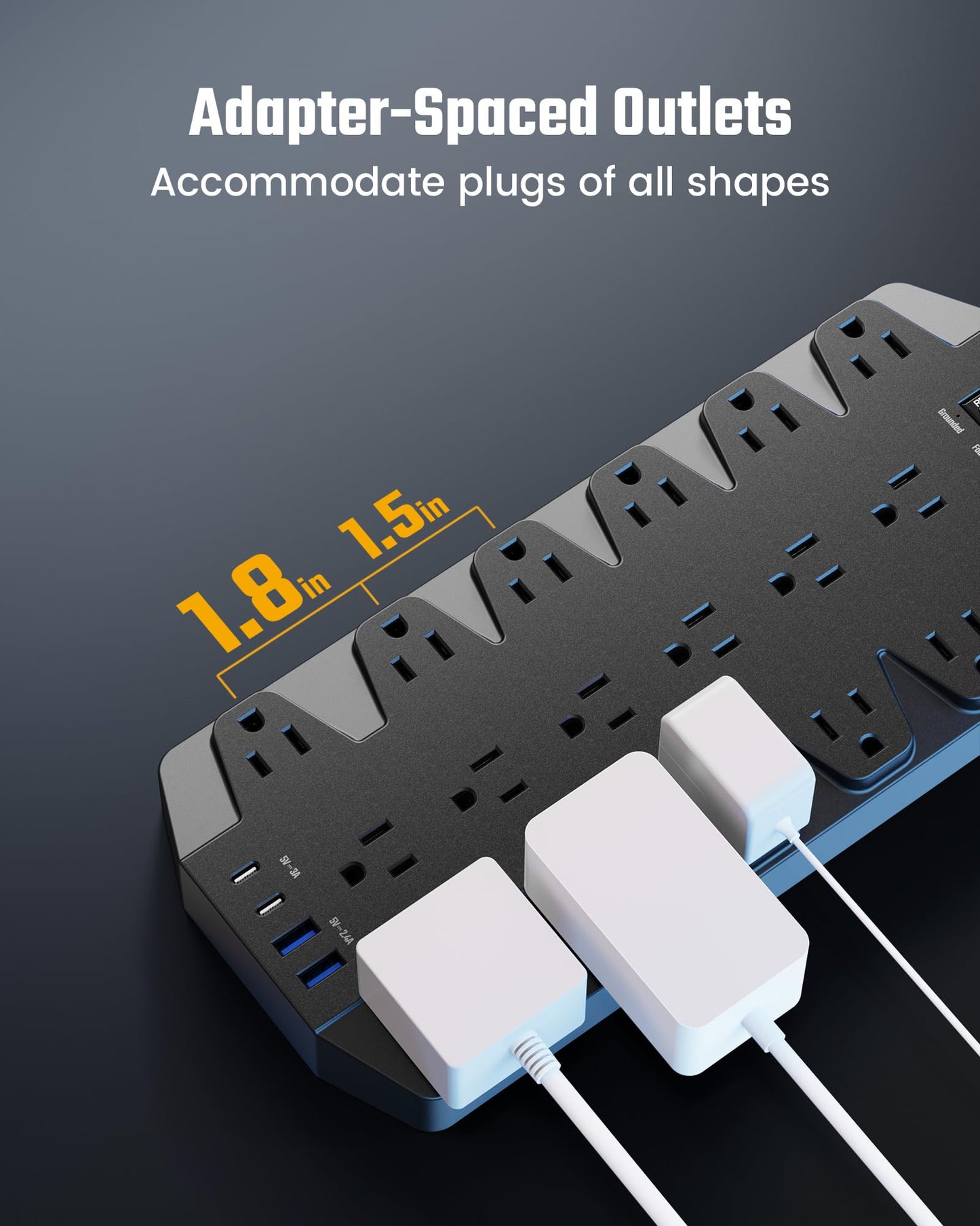 Koosom Surge Protector Power Strip, 18 AC Outlets with 2 USB C and 2 USB A Ports, 1875W/15A, 2100J, 6.5FT Flat Plug Heavy Duty Extension Cord with Wall Mount Holes