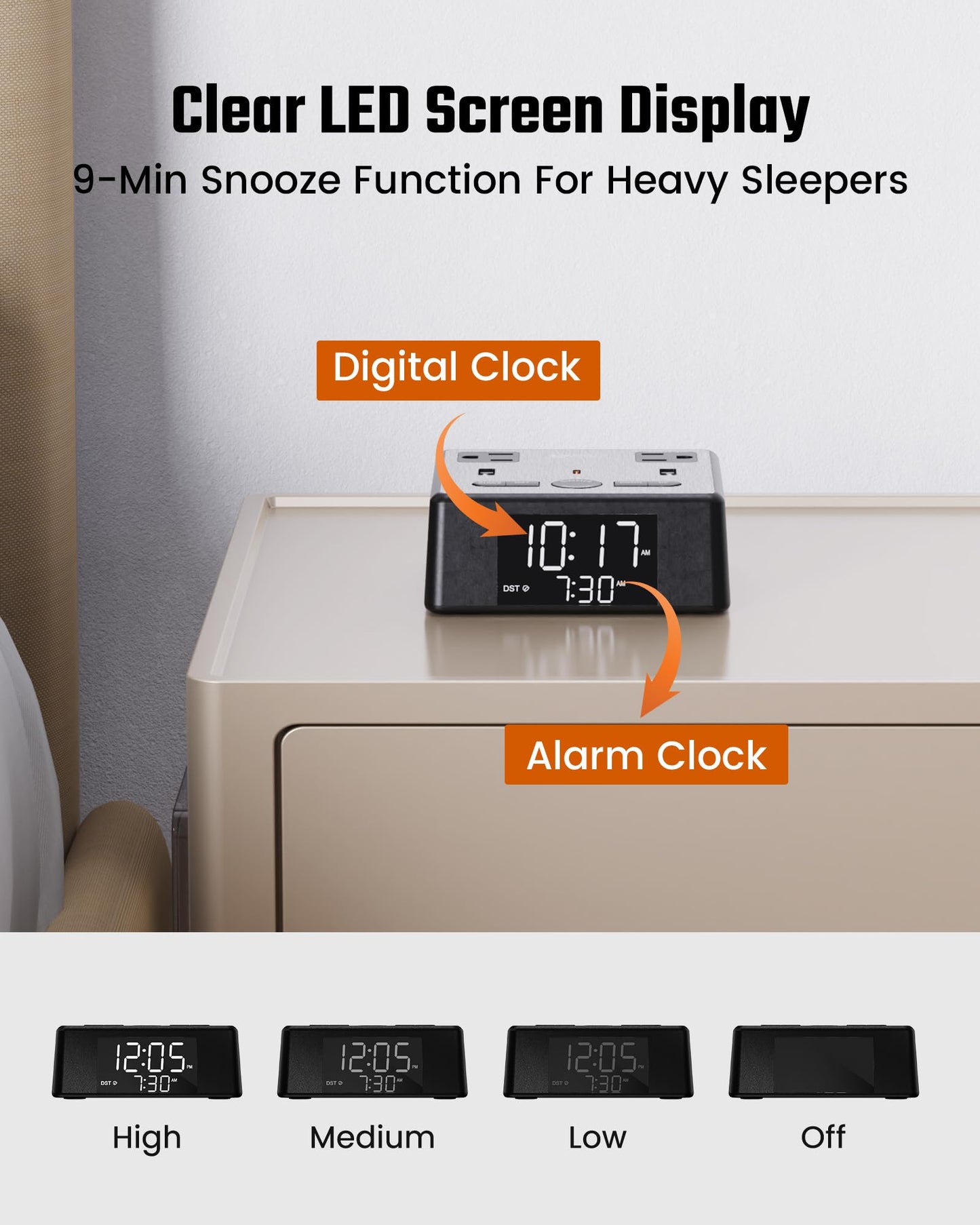 Koosom Digital Alarm Clock with 3 USB Charger, Desk Charging Station 2 AC Outlets, 6.5ft Cord, Power Strip Surge Protector 1700J, LCD Display, Easy Alarm Setting for Bedroom Dorm Room Hotel, Black