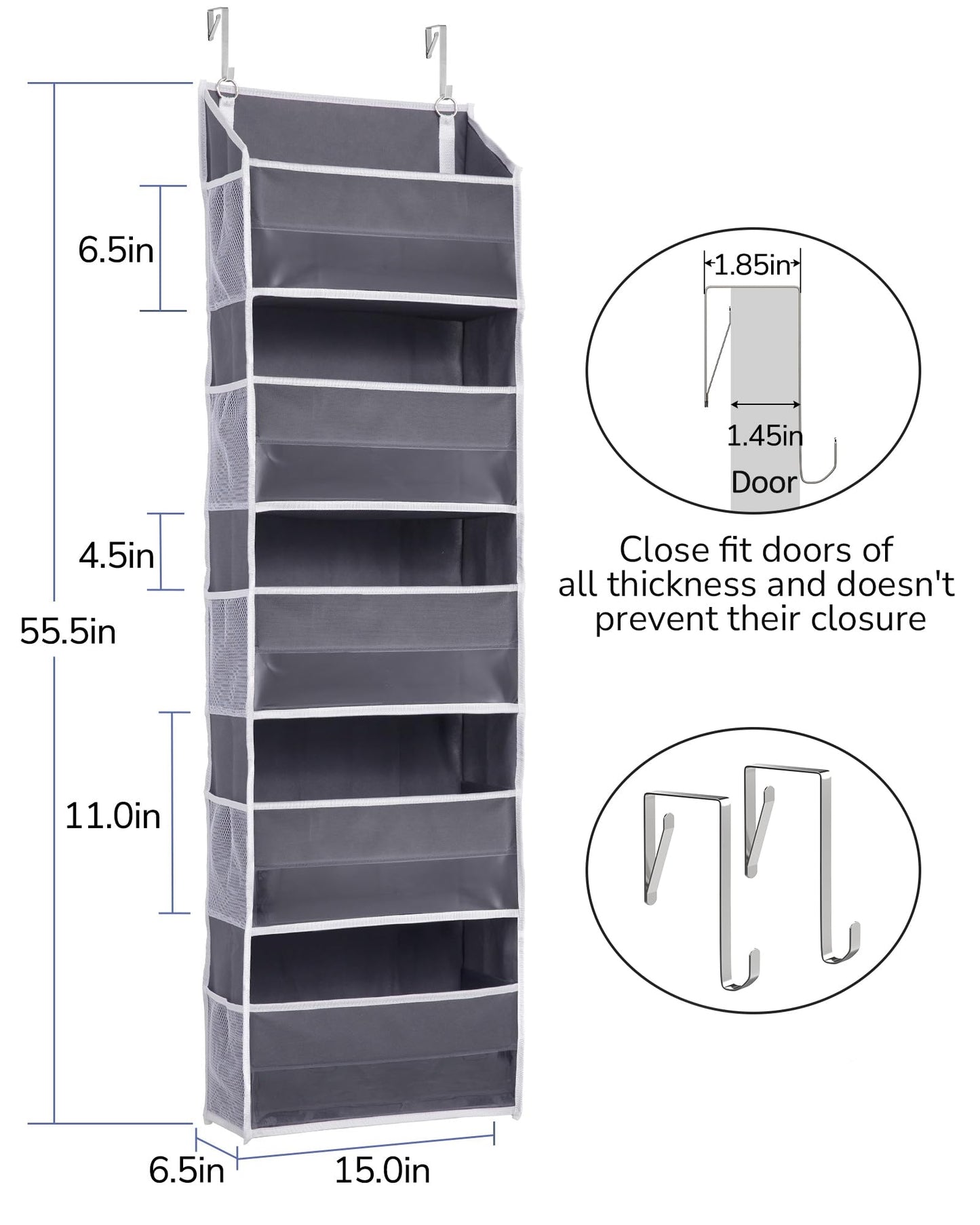 Koosom 1 Pack Over Door Organizer with 5 Large Pockets 10 Mesh Side Pockets, 44 lbs Weight Capacity Hanging Storage Organizer with Clear Window Kids Toys, Shoes, Diapers, Dark Grey, 5 Layers