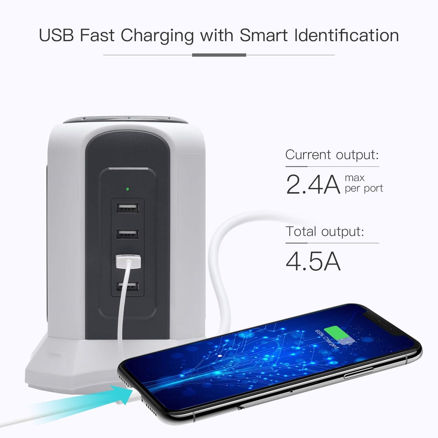 Koosom 10ft Power Strip Tower Wireless Charger Surge Protector Extension Cord 10A 9-Outlet 4.5A 4 USB Electrical Charging Station Universal Socket for Laptop Phone White and Gray