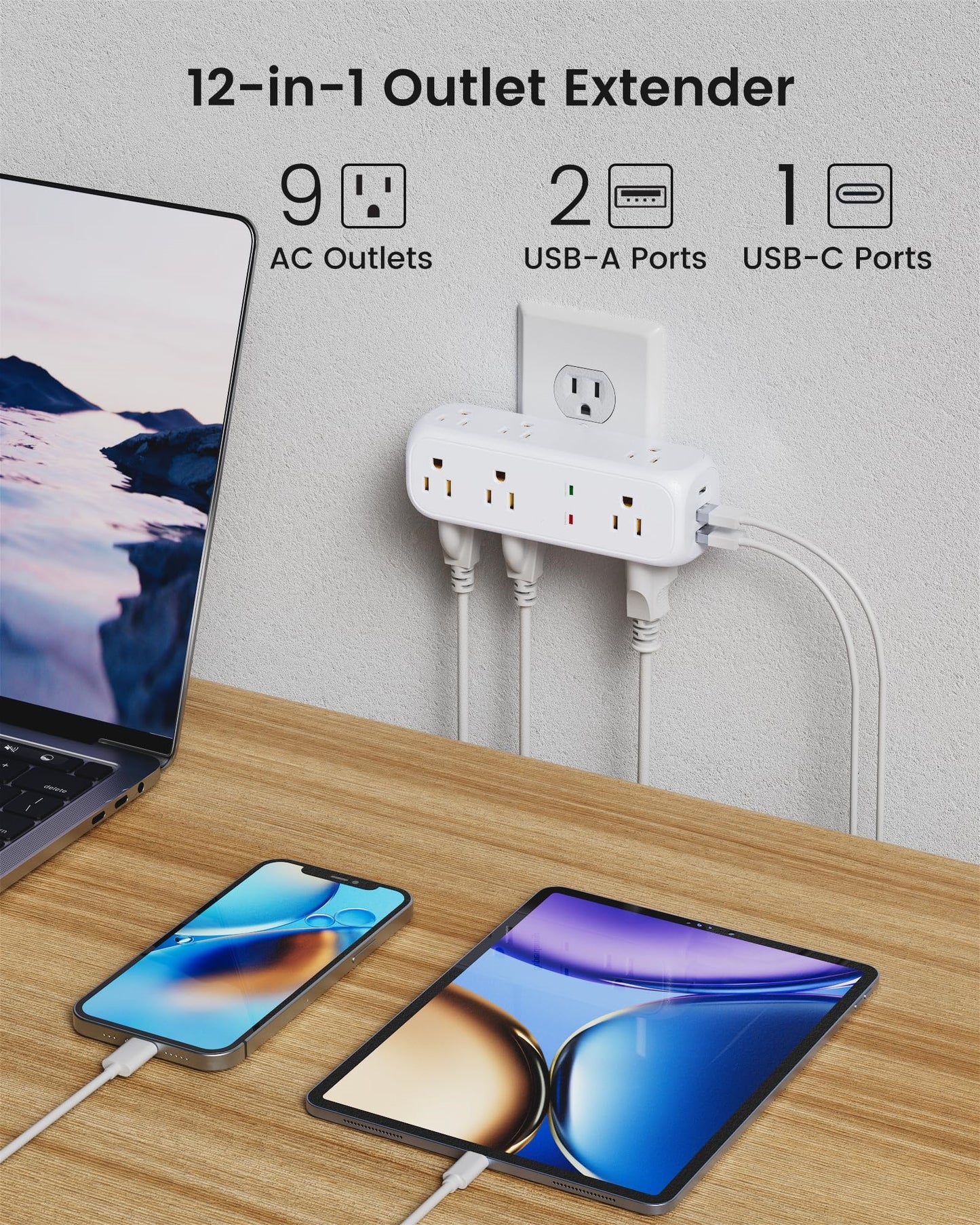 Koosom Multi Plug Outlet Extender, 9 AC Outlets, 3 USB Wall Charger(1 USB C) 360° Rotating Plug Outlet Splitter Surge Protector, 4-Sided Swivel Wall Plug Extender for Home, Office, Travel,White