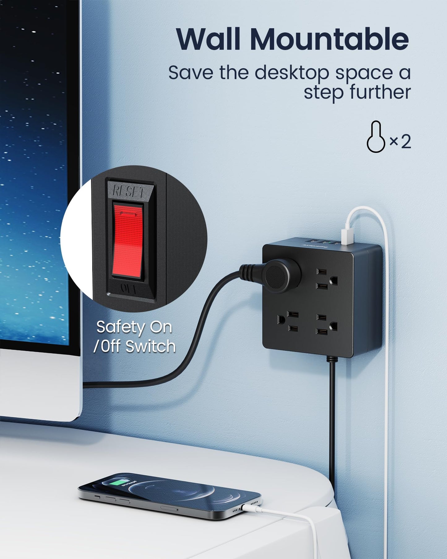 Koosom 5ft Power Strip, Surge Protector 900 Joules, 4-Outlet 4-USB Extension Cord, Overload Switch, Grounded, Mountable, Desktop Charging Station for Home, Office, School, Dorm, Computer, Black