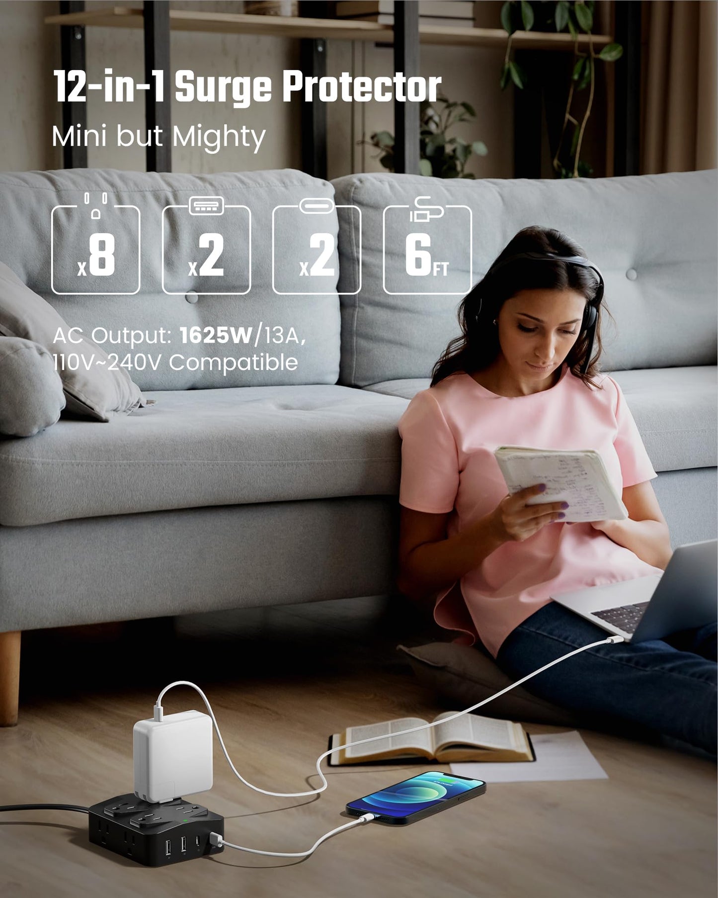 Koosom 35W Fast Charging Power Strip, 6ft Flat Plug Extension Cord (13A/1625W) with 8 Wide Outlets & 4 USB Ports, Wall Mountable, 1050J Surge Protector Charging Station for Home Office Dorm