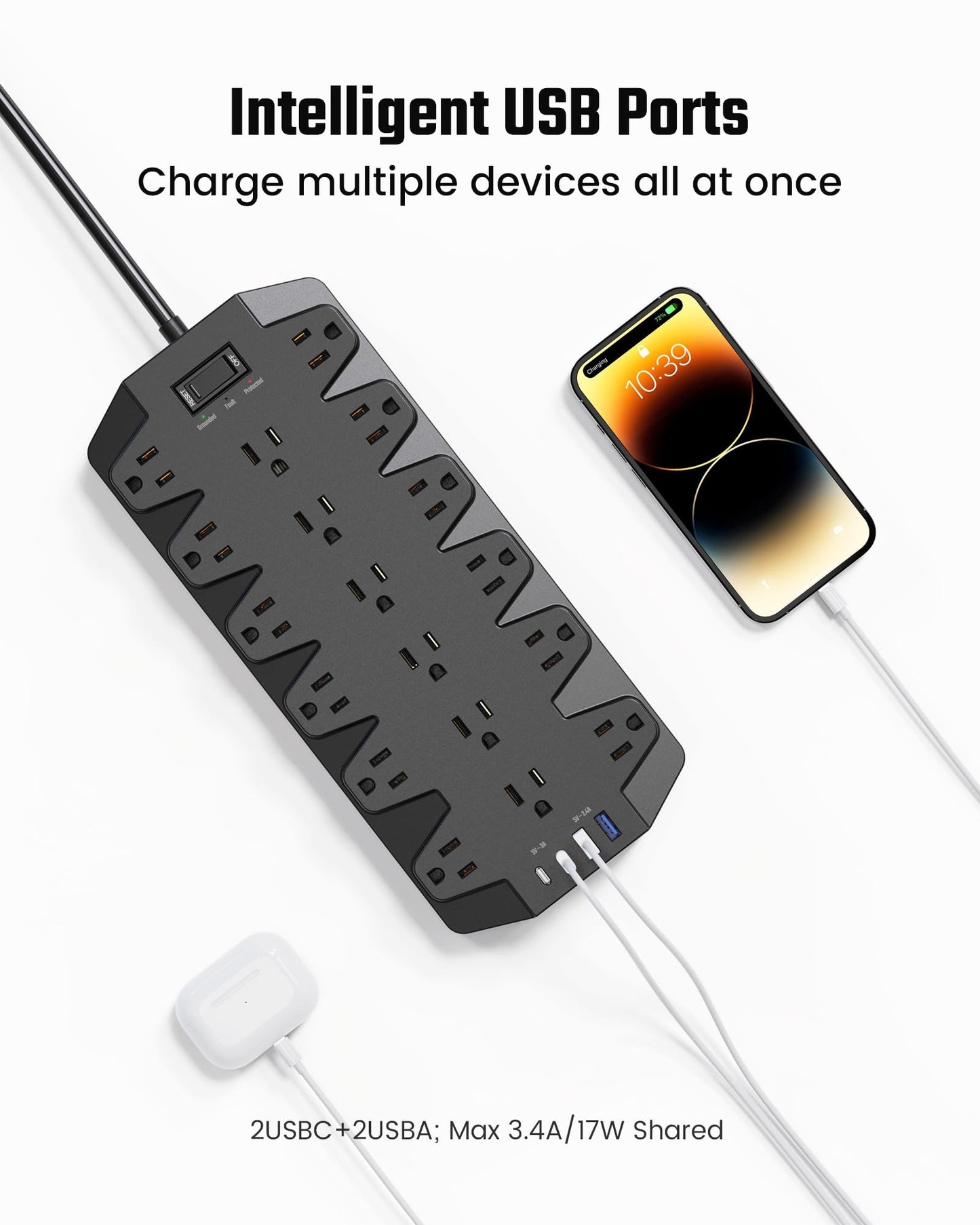 Koosom Surge Protector Power Strip, 18 AC Outlets with 2 USB C and 2 USB A Ports, 1875W/15A, 2100J, 6.5FT Flat Plug Heavy Duty Extension Cord with Wall Mount Holes
