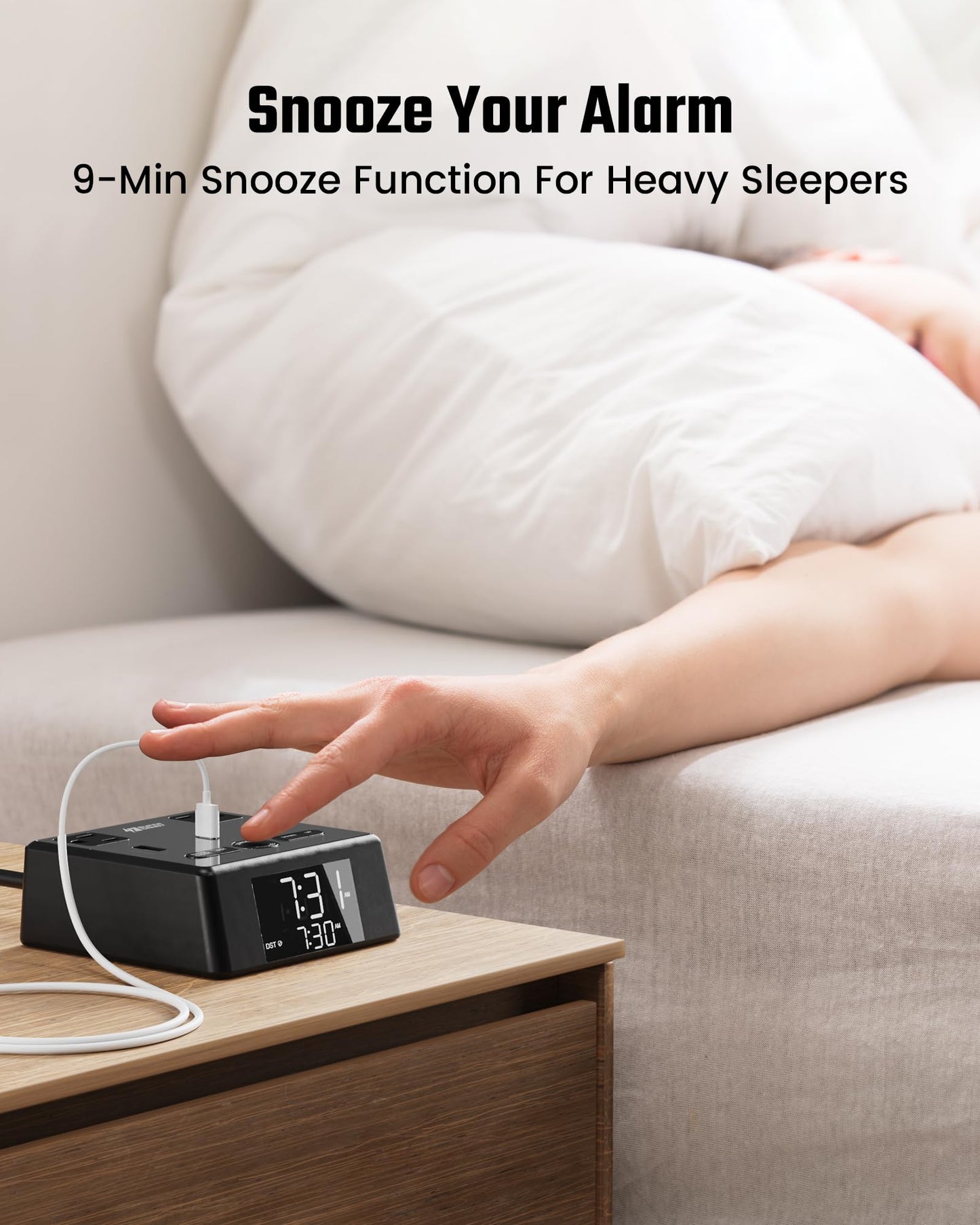 Koosom Digital Alarm Clock with 3 USB Charger, Desk Charging Station 2 AC Outlets, 6.5ft Cord, Power Strip Surge Protector 1700J, LCD Display, Easy Alarm Setting for Bedroom Dorm Room Hotel, Black