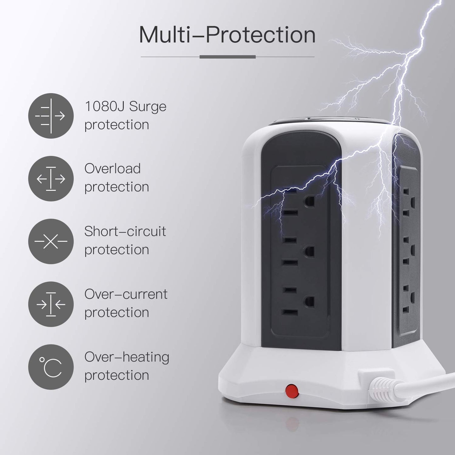Koosom 10ft Power Strip Tower Wireless Charger Surge Protector Extension Cord 10A 9-Outlet 4.5A 4 USB Electrical Charging Station Universal Socket for Laptop Phone White and Gray