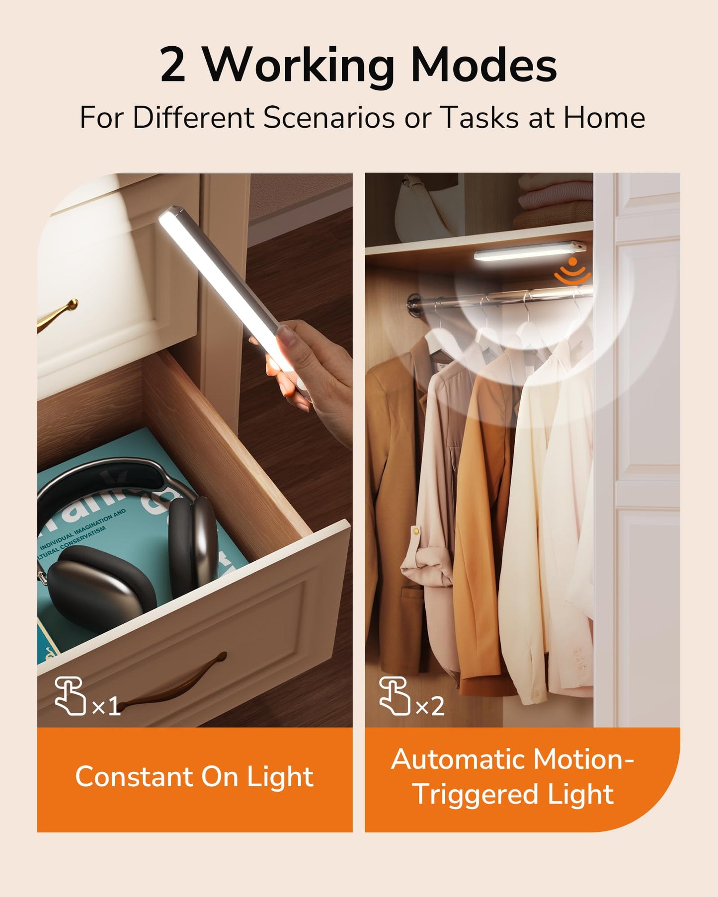 Koosom Under Cabinet Lighting,96 LED Rechargeable Under Cabinet Lights Wireless, 1100mah Closet Lights Battery Operated, Dimmable Motion Sensor Light Indoor, Under Counter Lights for Kitchen, Cabinet