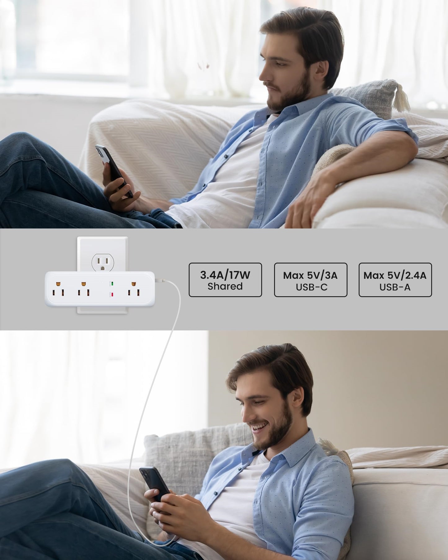 Koosom Multi Plug Outlet Extender, 9 AC Outlets, 3 USB Wall Charger(1 USB C) 360° Rotating Plug Outlet Splitter Surge Protector, 4-Sided Swivel Wall Plug Extender for Home, Office, Travel,White
