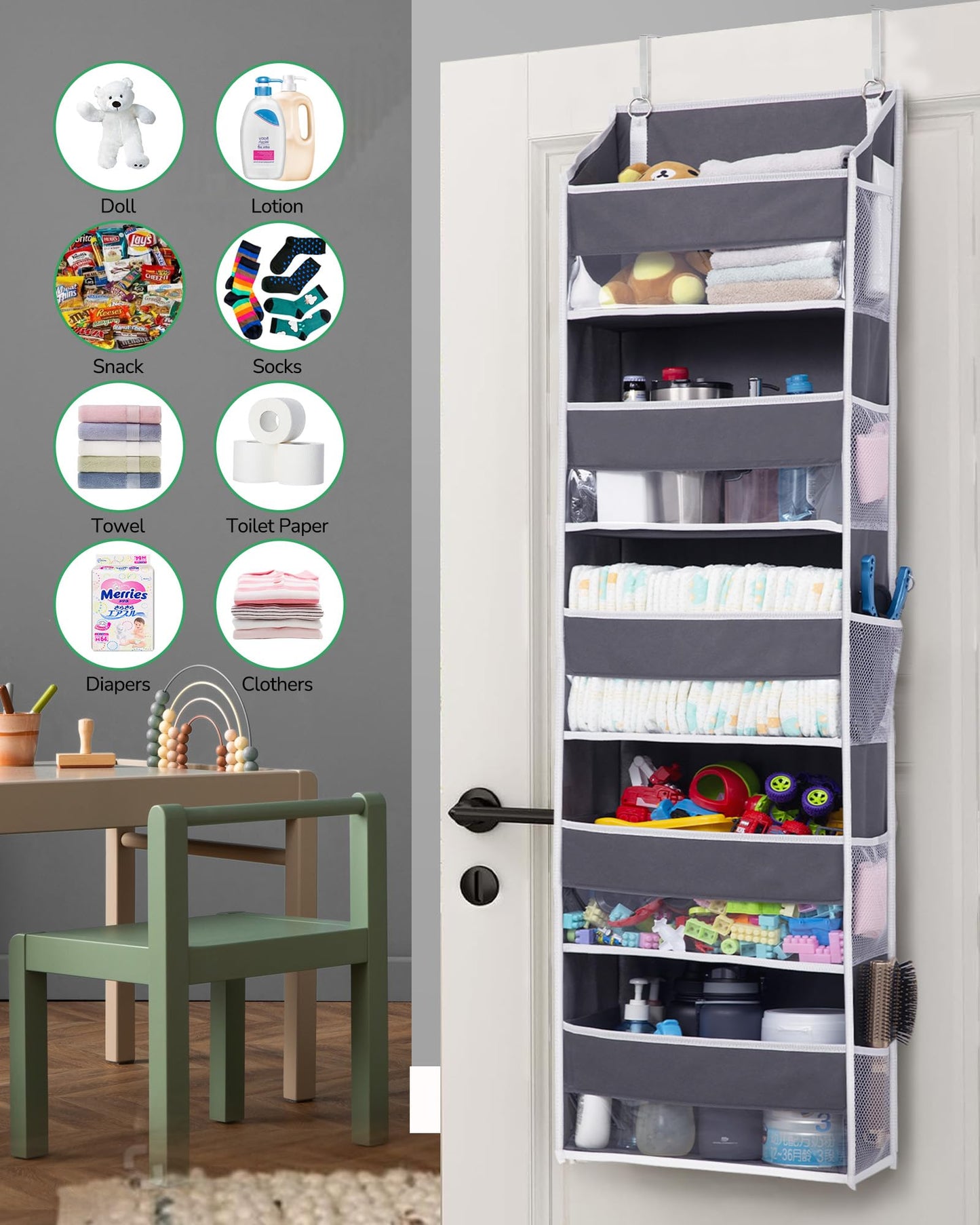Koosom 1 Pack Over Door Organizer with 5 Large Pockets 10 Mesh Side Pockets, 44 lbs Weight Capacity Hanging Storage Organizer with Clear Window Kids Toys, Shoes, Diapers, Dark Grey, 5 Layers