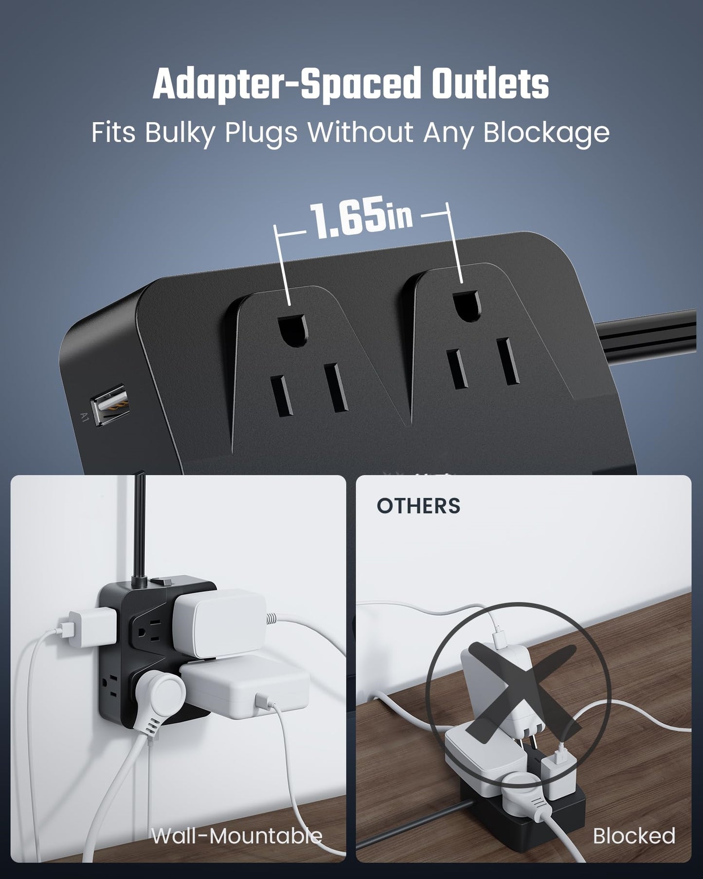 Koosom 35W Fast Charging Power Strip, 6ft Flat Plug Extension Cord (13A/1625W) with 8 Wide Outlets & 4 USB Ports, Wall Mountable, 1050J Surge Protector Charging Station for Home Office Dorm