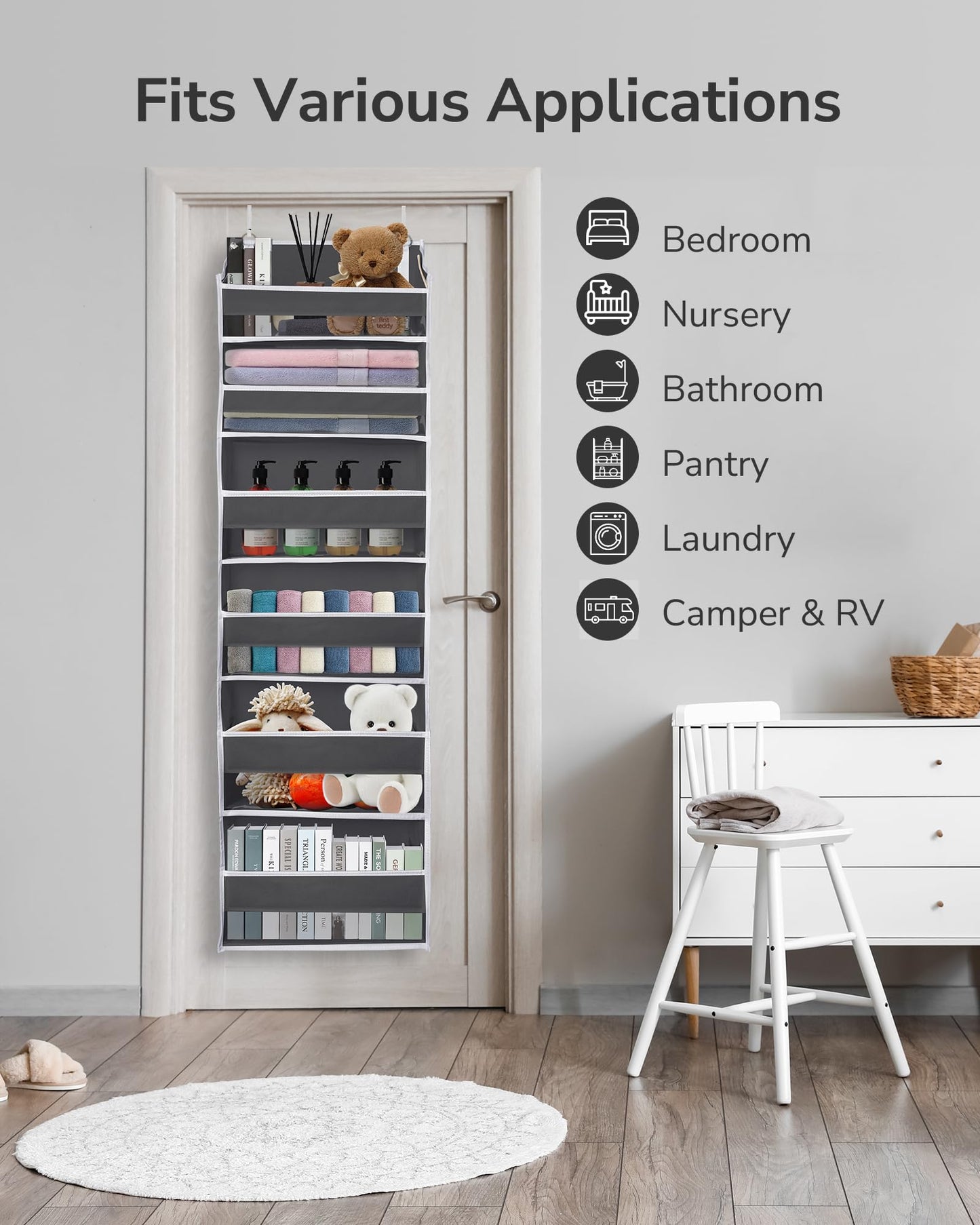 Koosom Over The Door Organizer with 6 Large Pockets 12 Side Pockets, 50lbs Weight Capacity Door Hanging Organizer for Bedroom, Bathroom, Pantry, Nursery Storage, Dark Gray