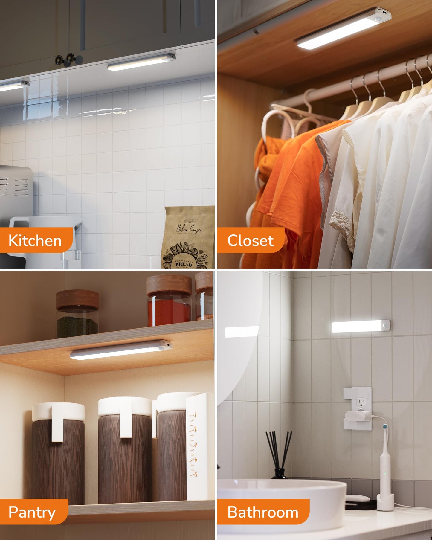 Koosom Under Cabinet Lighting,96 LED Rechargeable Under Cabinet Lights Wireless, 1100mah Closet Lights Battery Operated, Dimmable Motion Sensor Light Indoor, Under Counter Lights for Kitchen, Cabinet